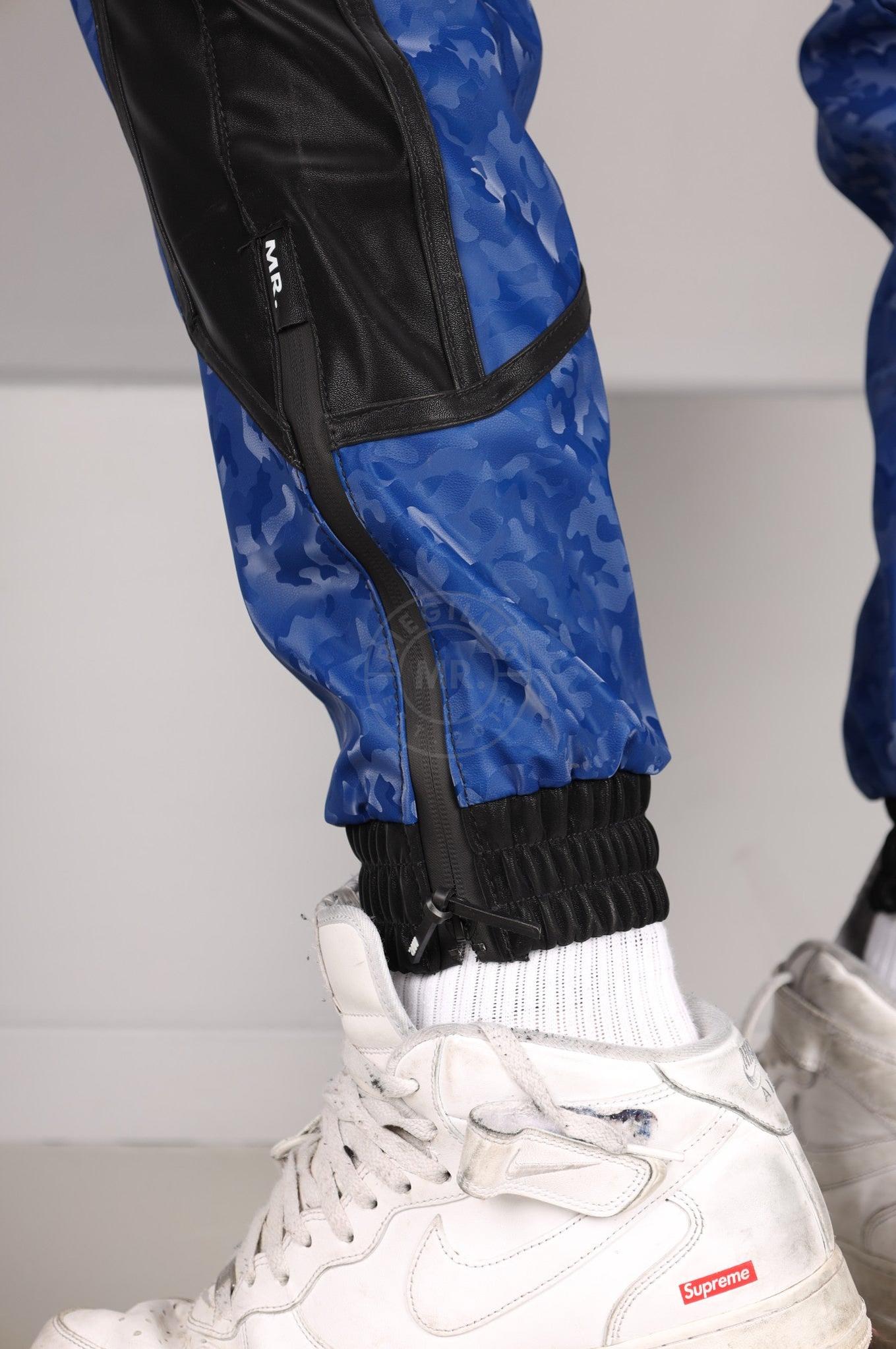Blue Camo Vegan Leather Tracksuit Pants at MR. Riegillio