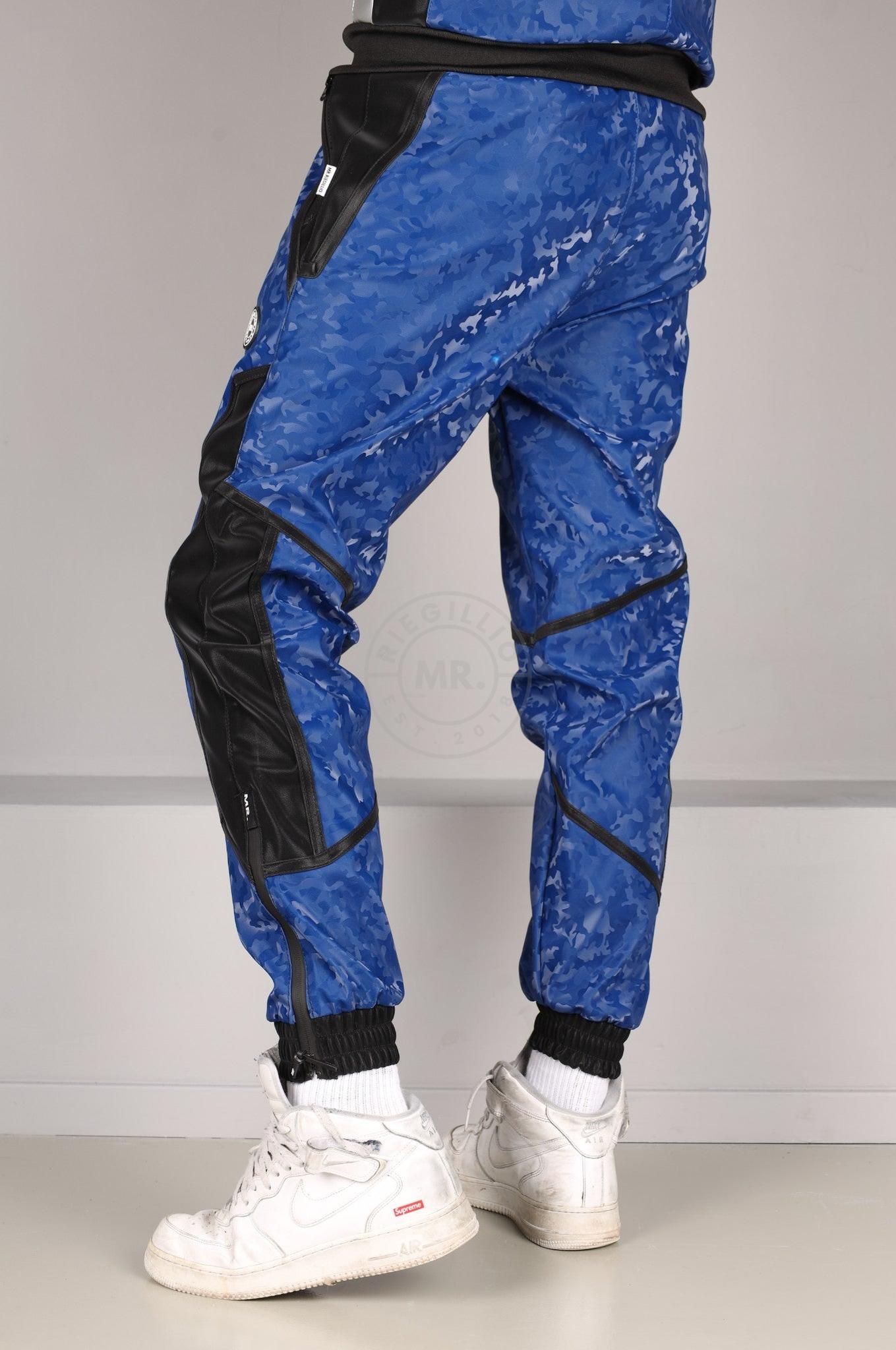 Blue Camo Vegan Leather Tracksuit Pants at MR. Riegillio