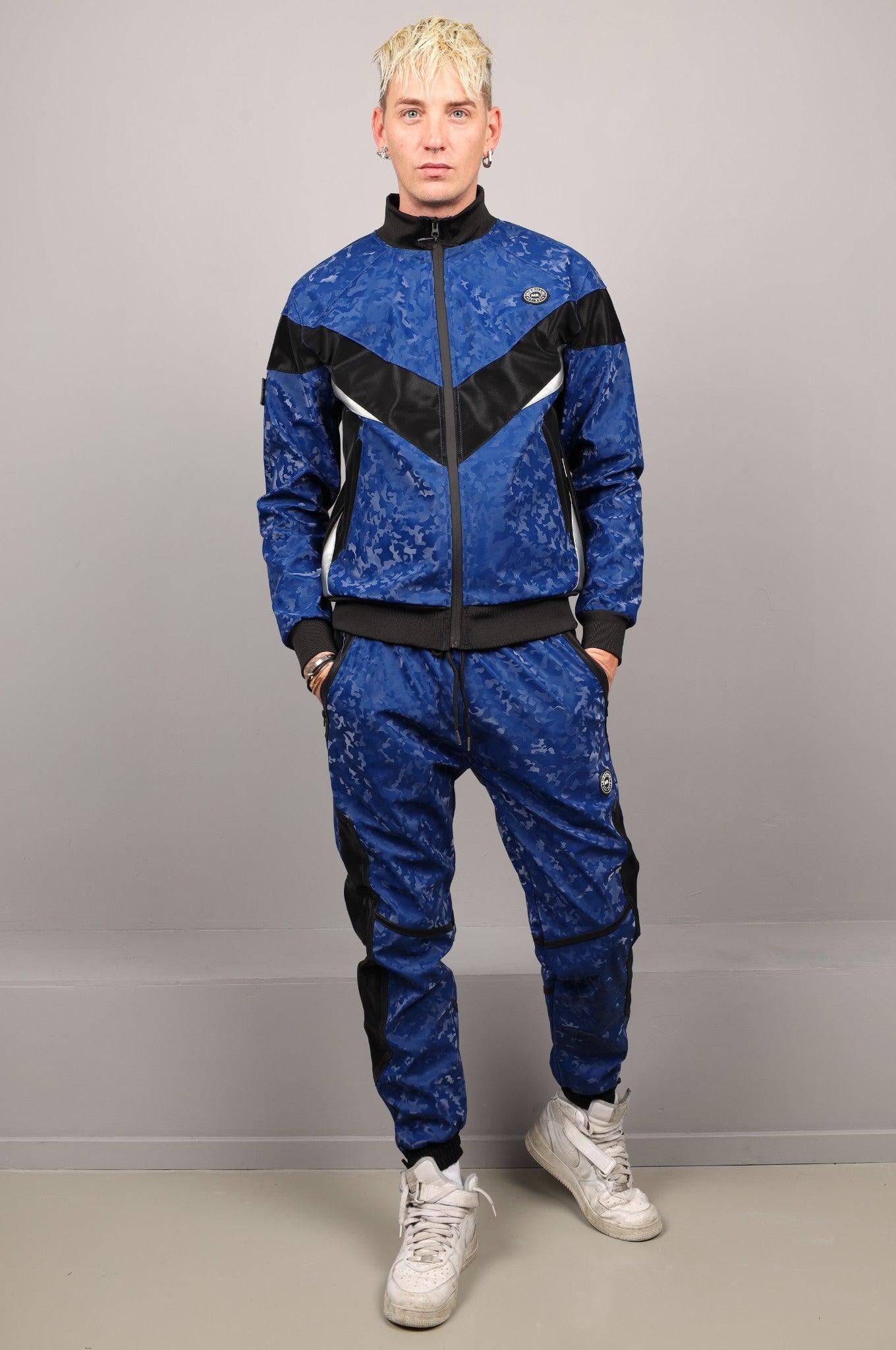 Blue Camo Vegan Leather Tracksuit Pants at MR. Riegillio