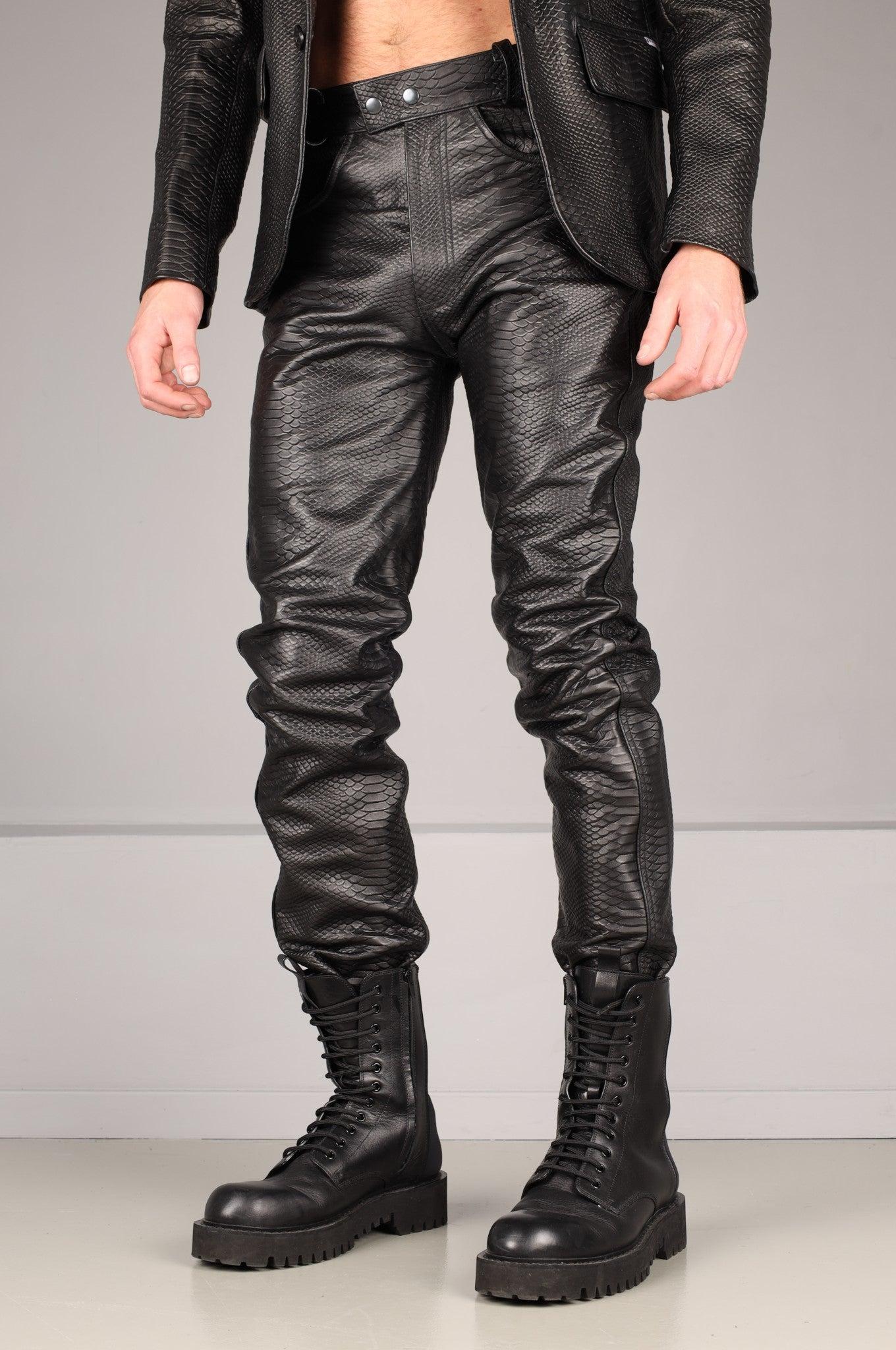Black Leather Snake Print Pants by MR. Riegillio