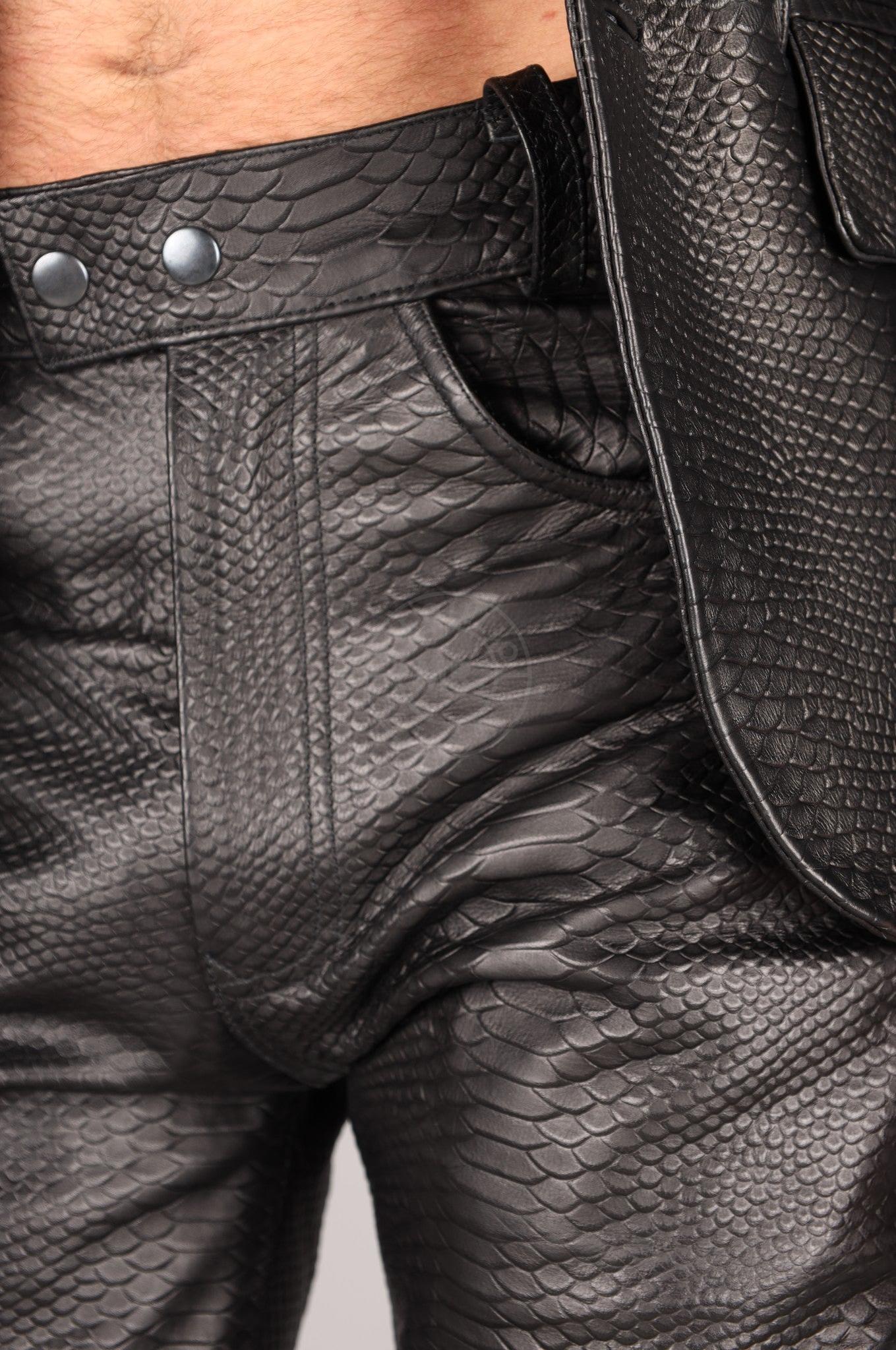 Black Leather Snake Print Pants at MR. Riegillio