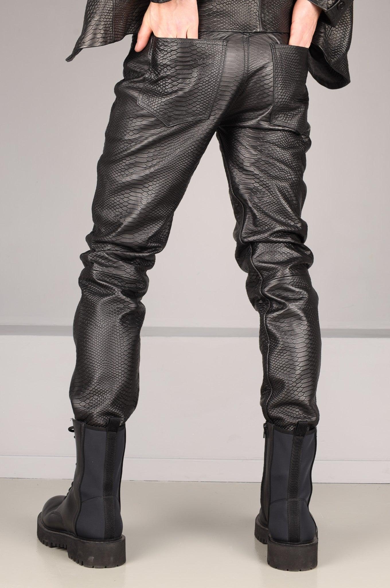 Black Leather Snake Print Pants by MR. Riegillio