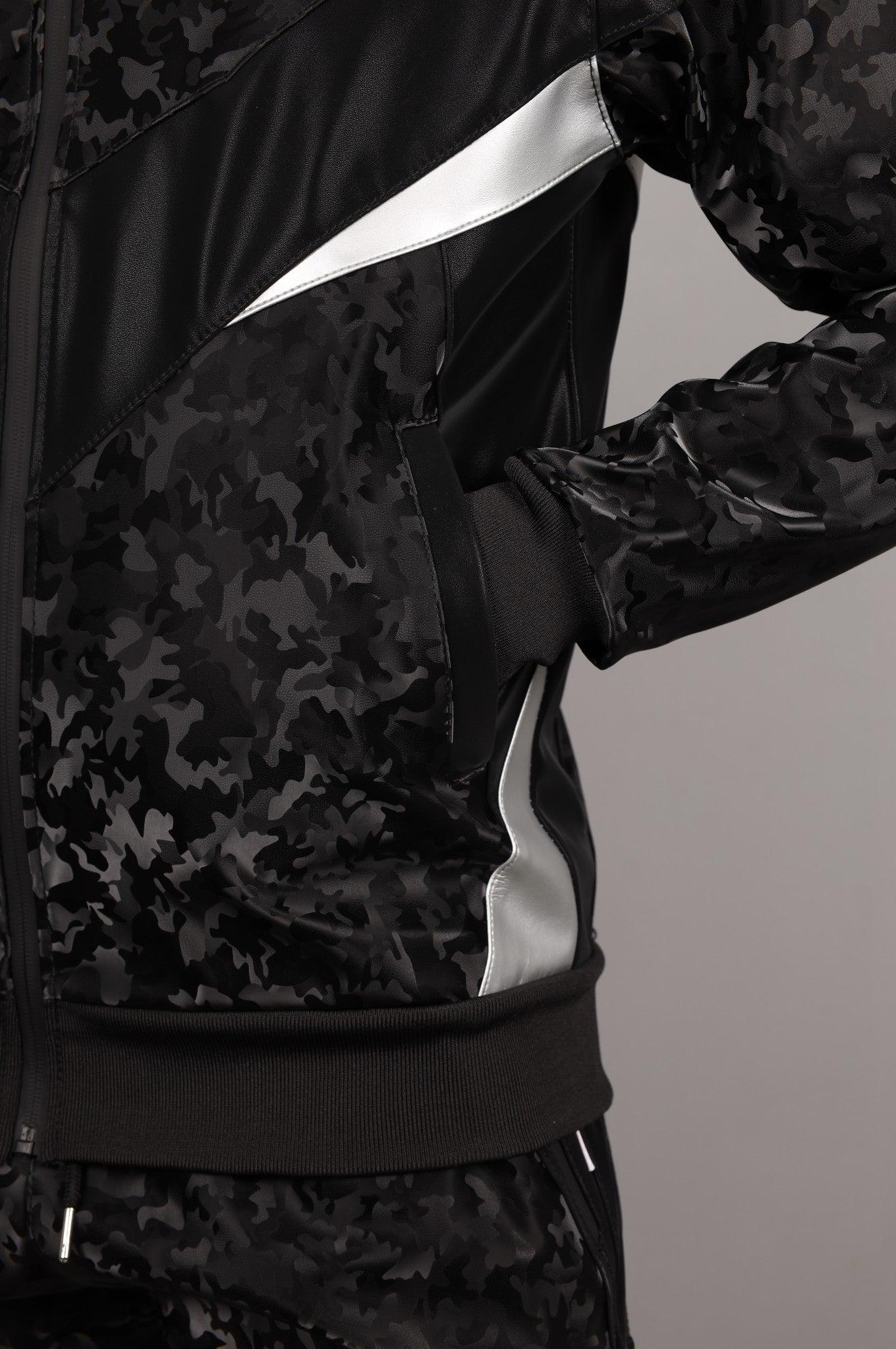 Camo Vegan Leather Tracksuit Jacket at MR. Riegillio