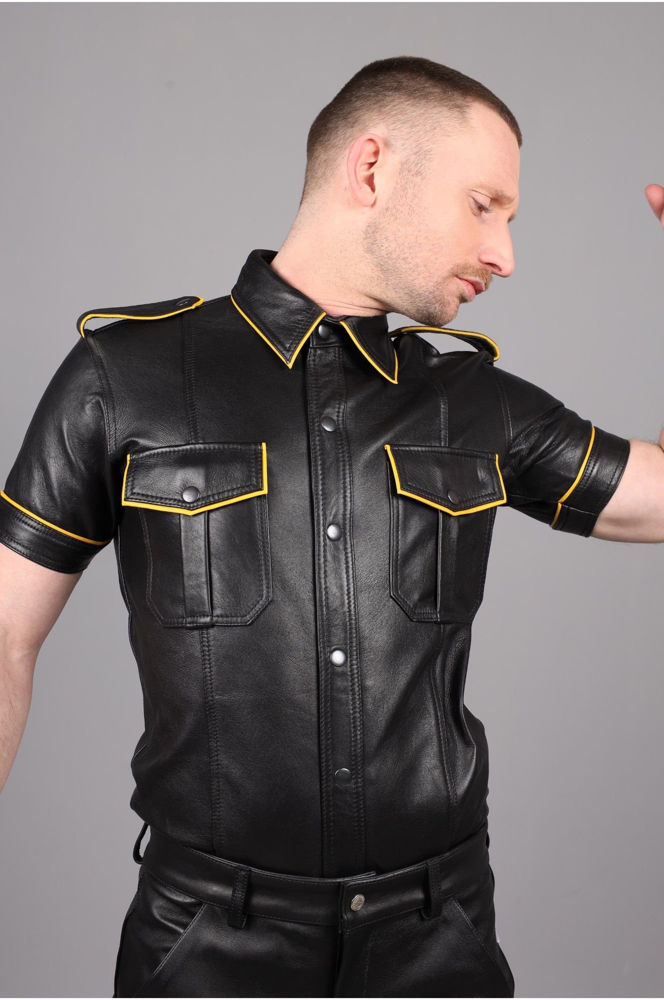 Black Leather Shirt - Yellow Piping