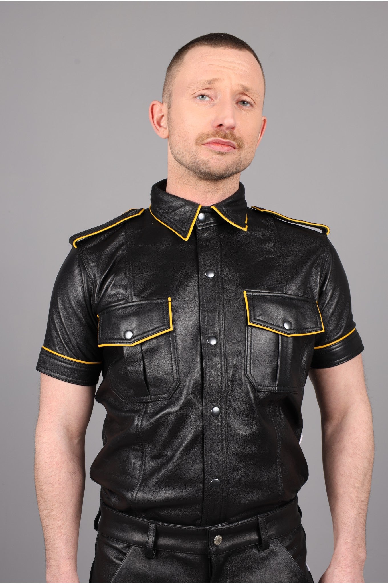 Black Leather Shirt - Yellow Piping
