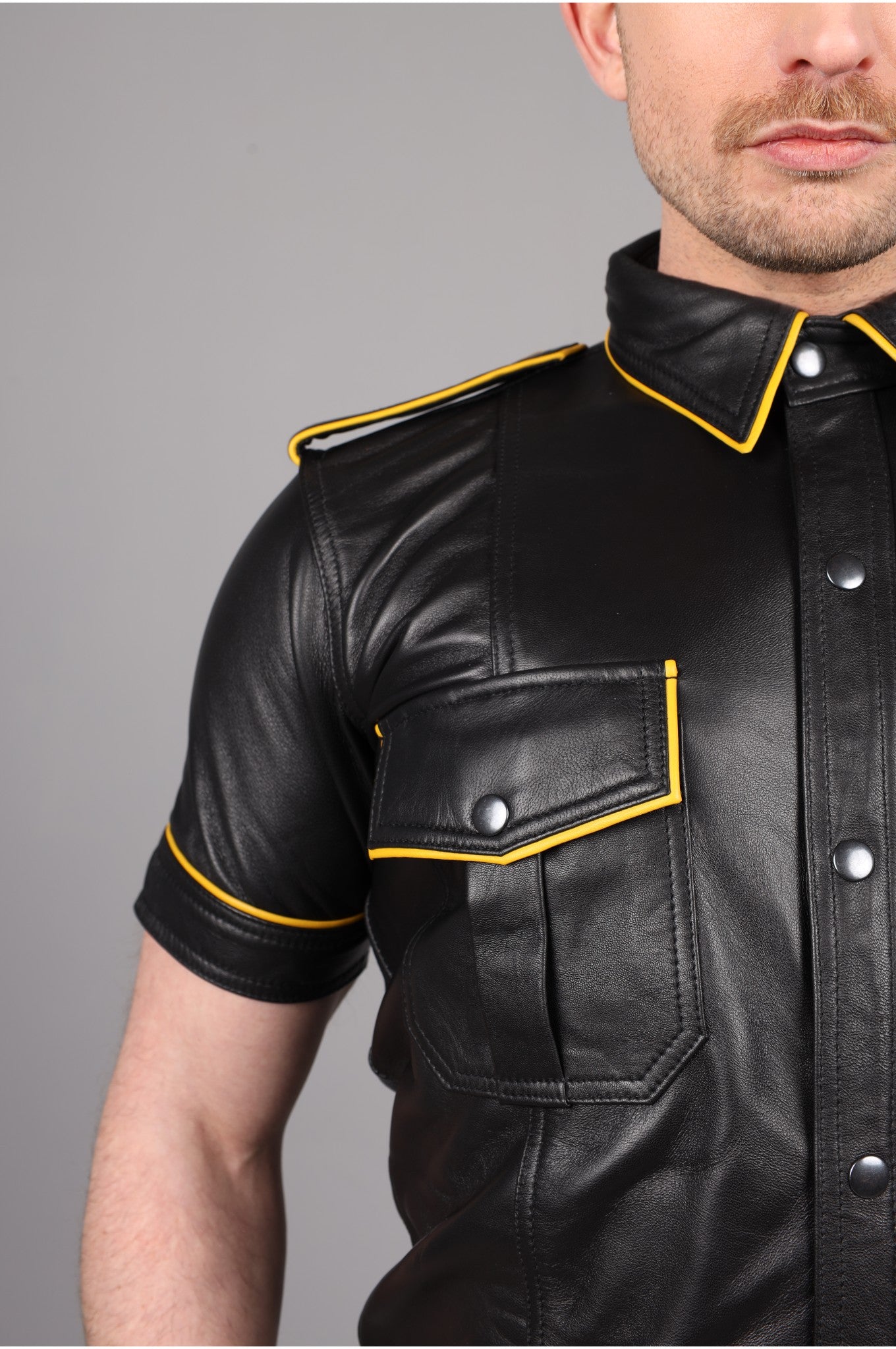 Black Leather Shirt - Yellow Piping
