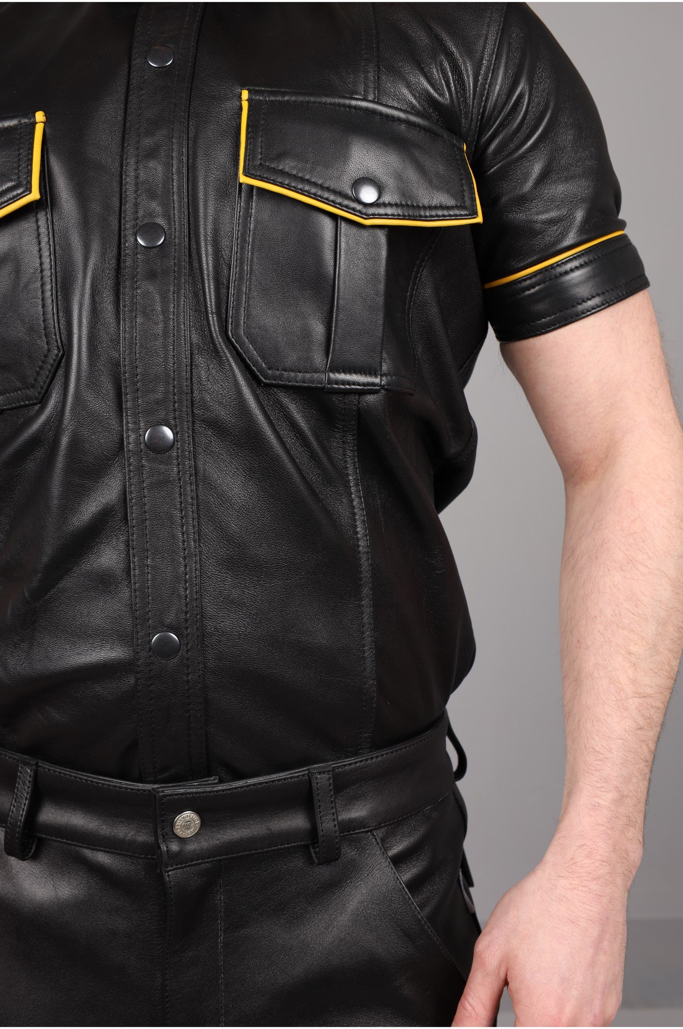 Black Leather Shirt - Yellow Piping