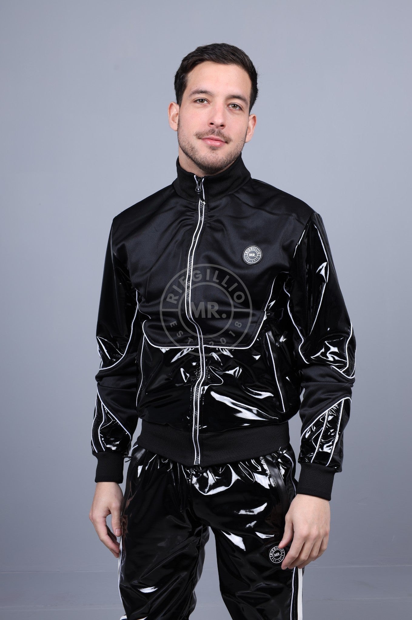 PVC 24 Tracksuit Jacket - Black with White Piping-at MR. Riegillio