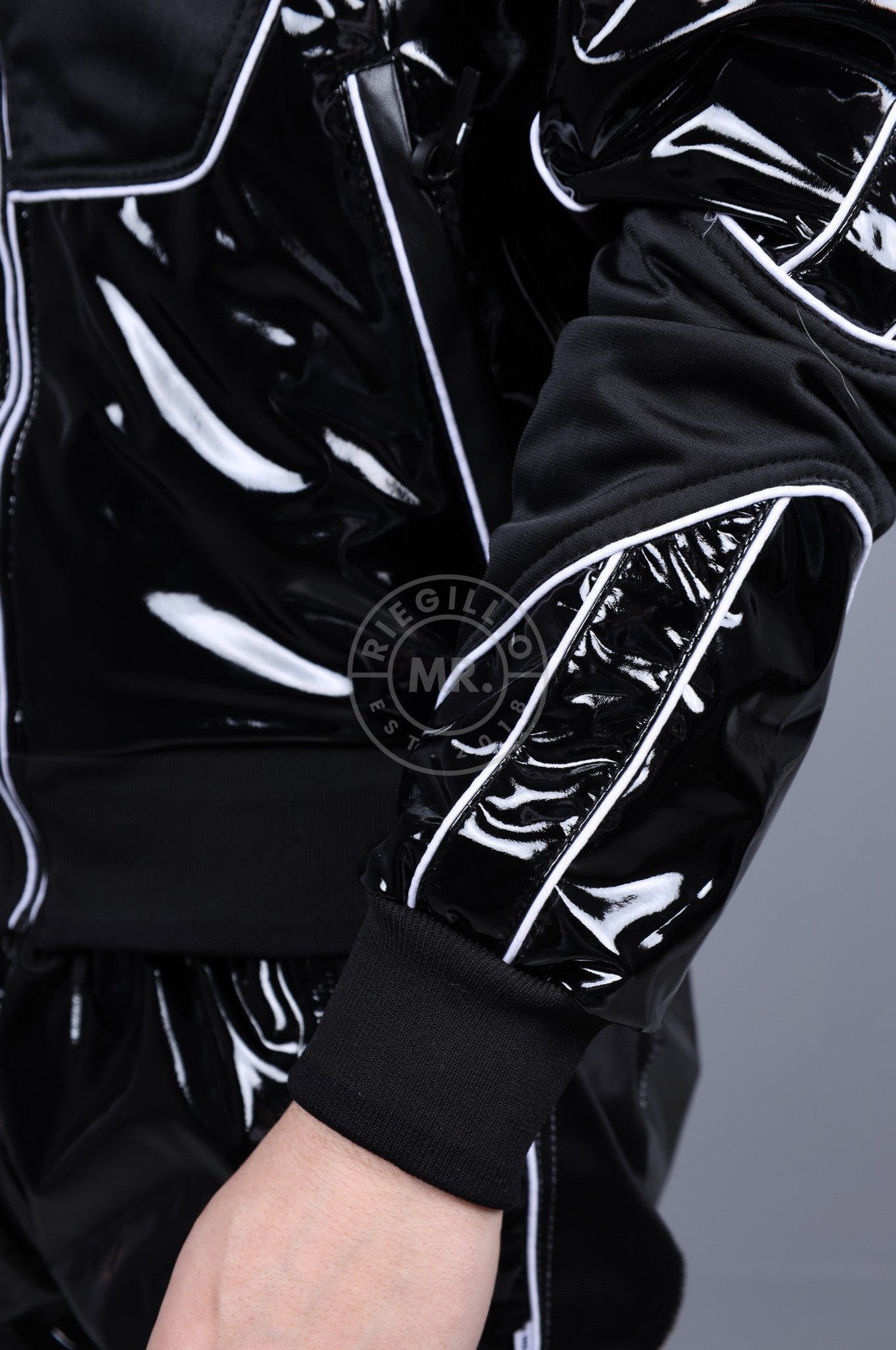 PVC 24 Tracksuit Jacket - Black with White Piping-at MR. Riegillio