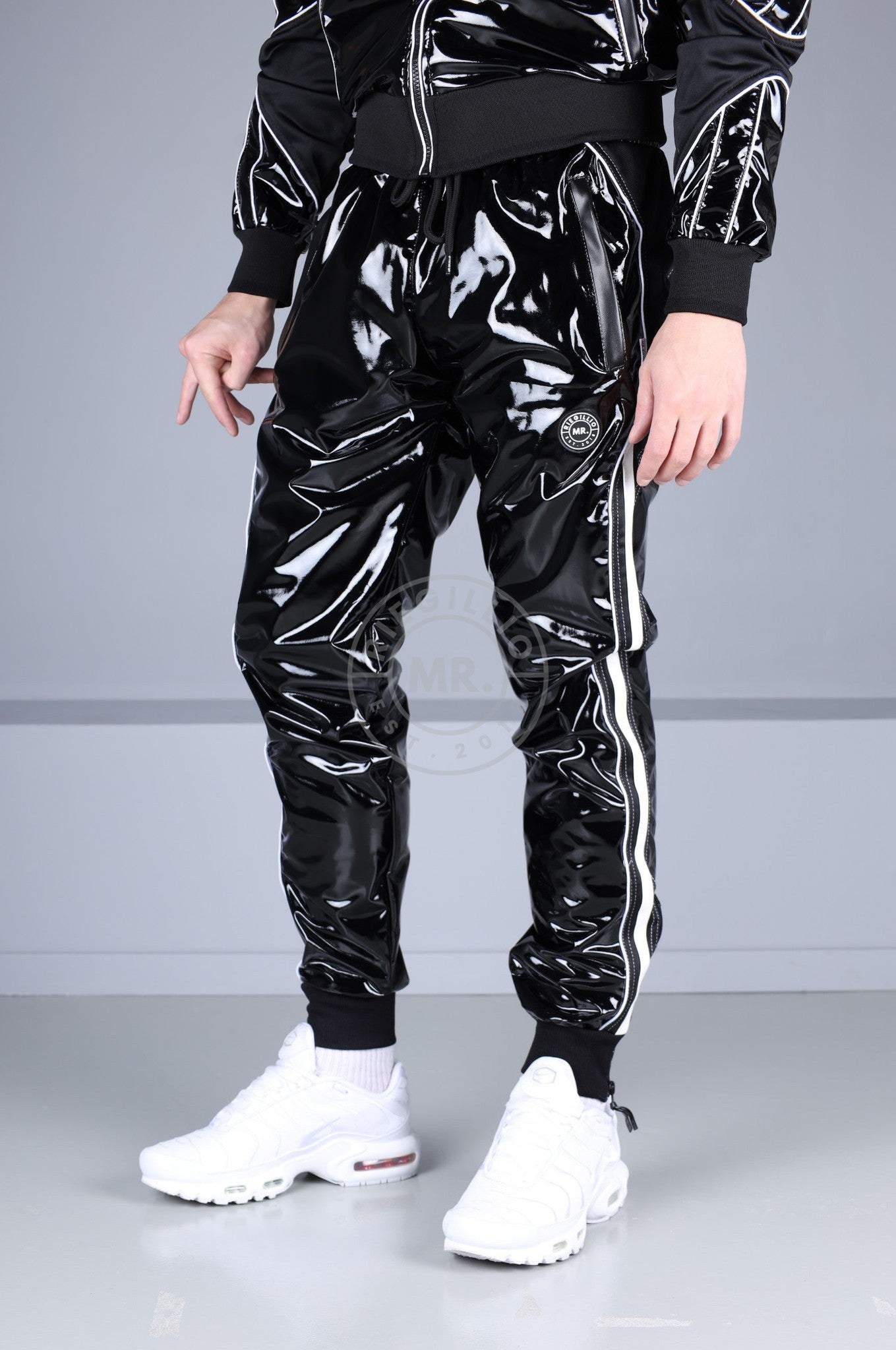 PVC 24 Tracksuit Pants - Black with White Piping at MR. Riegillio
