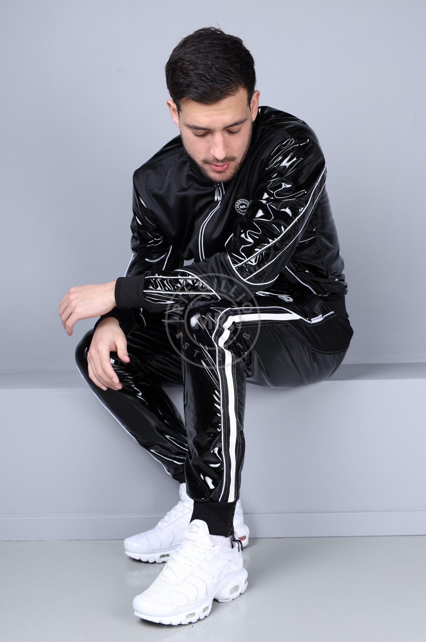 PVC 24 Tracksuit Pants - Black with White Piping at MR. Riegillio