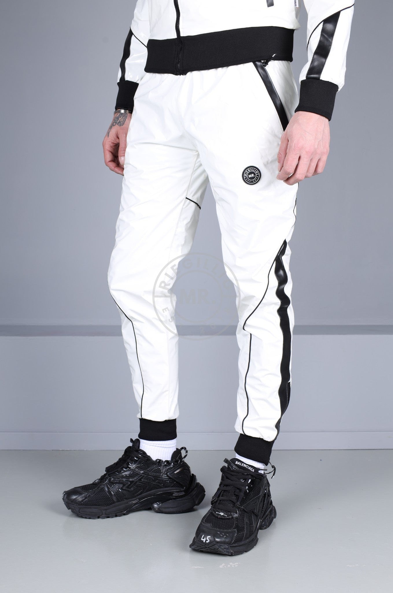 PVC 24 Tracksuit Pants - White with Black Piping at MR. Riegillio