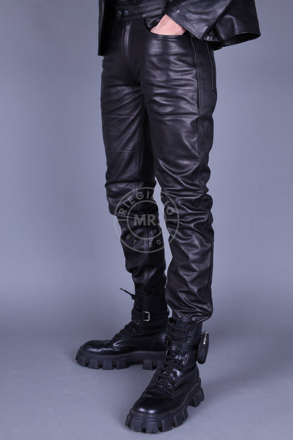 Black Leather 5 Pocket Pants at MR. Riegillio