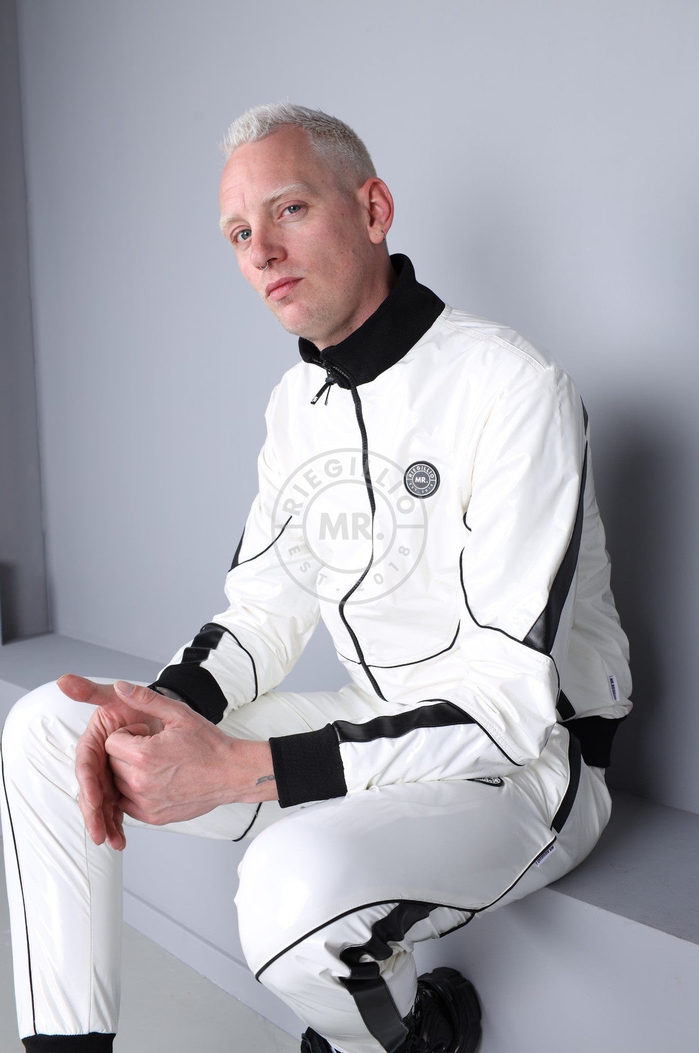 PVC 24 Tracksuit Jacket - White with Black Piping-at MR. Riegillio