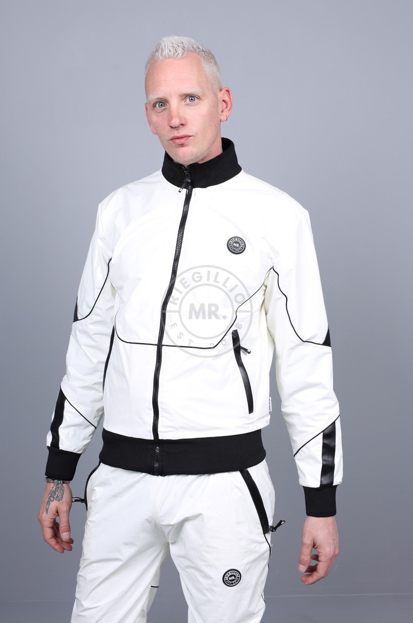 PVC 24 Tracksuit Jacket - White with Black Piping-at MR. Riegillio