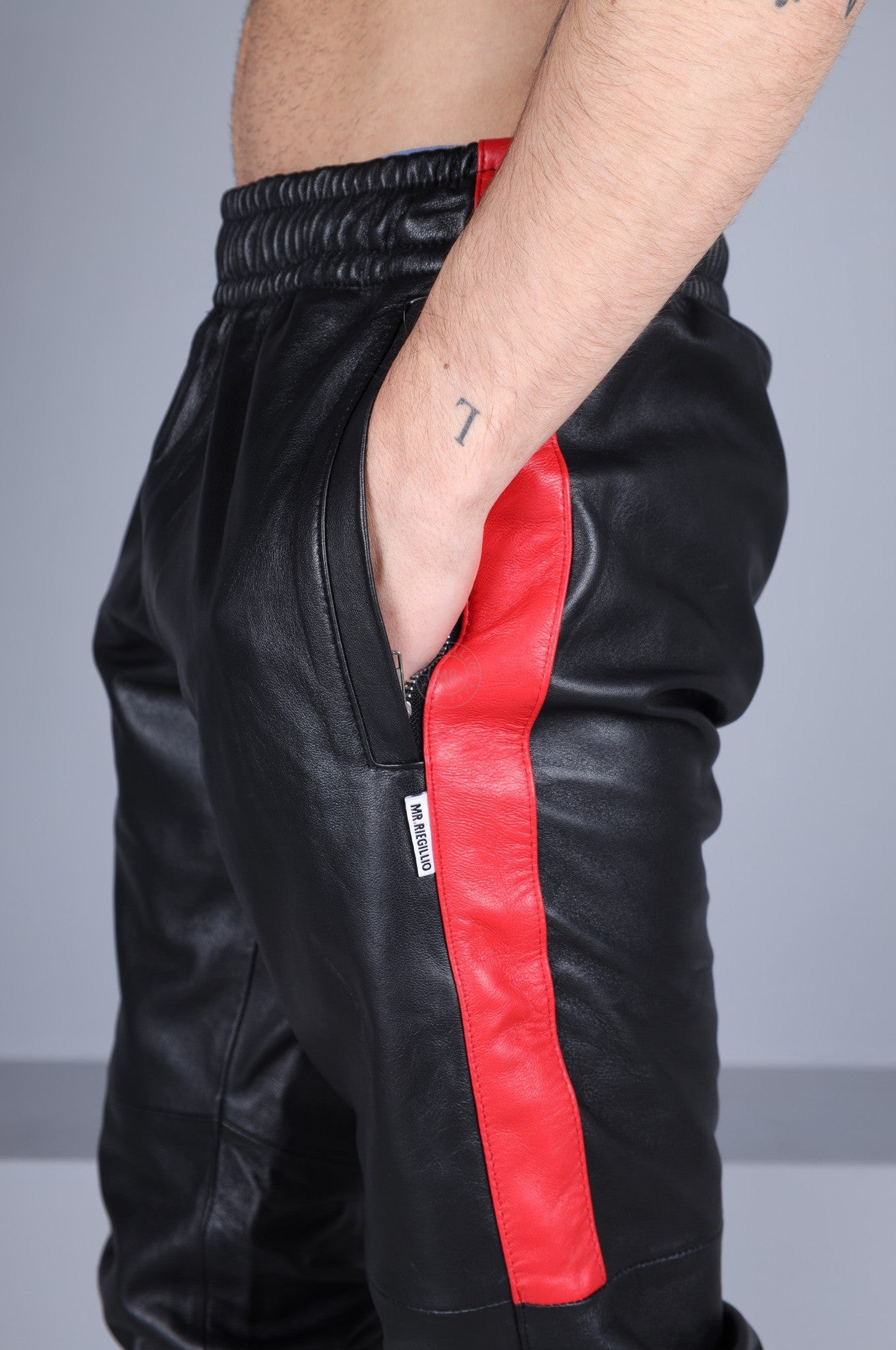 Black Leather Tracksuit Pants - Red Stripe at MR. Riegillio
