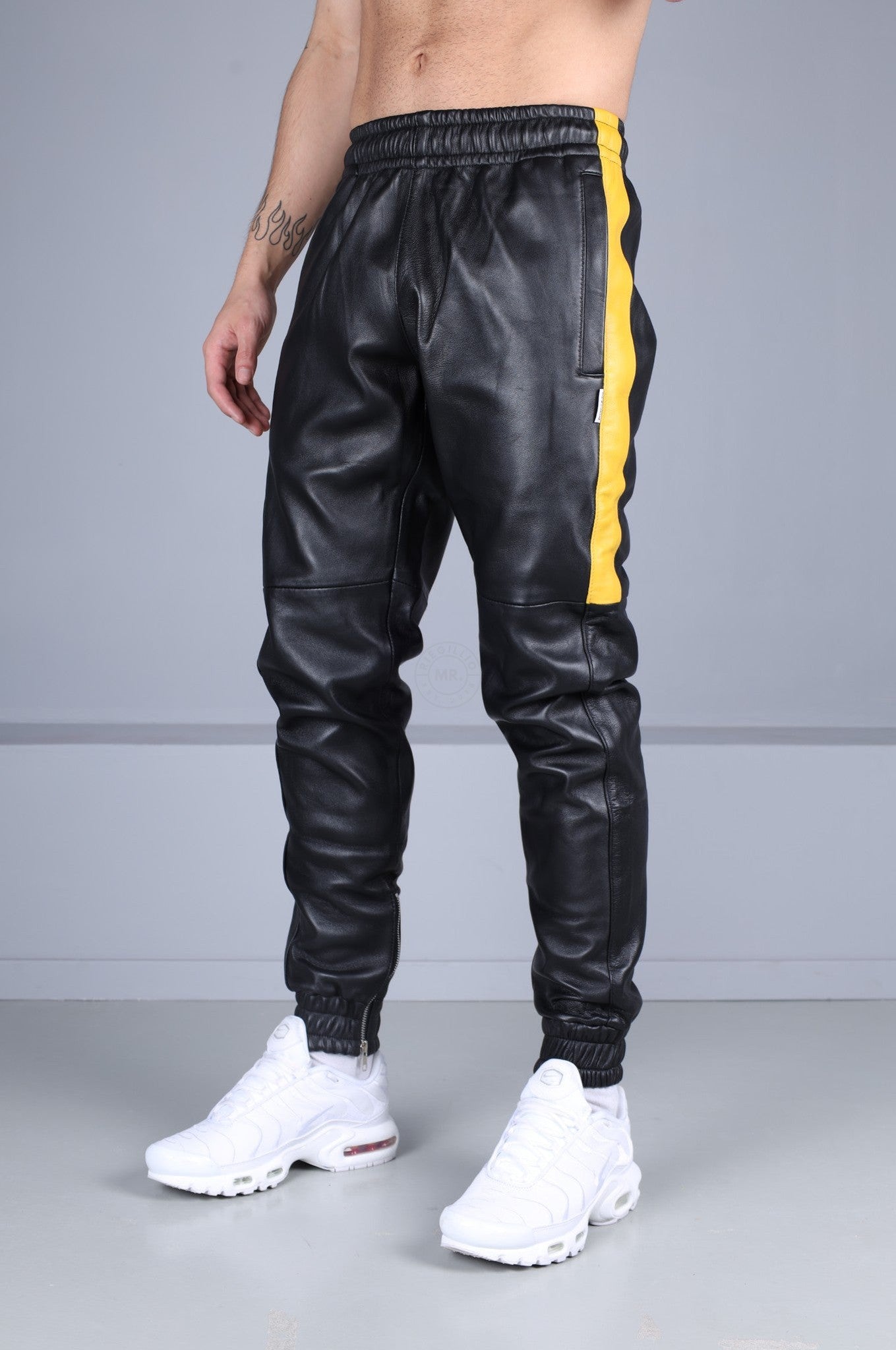 Black Leather Tracksuit Pants - Yellow Stripe at MR. Riegillio