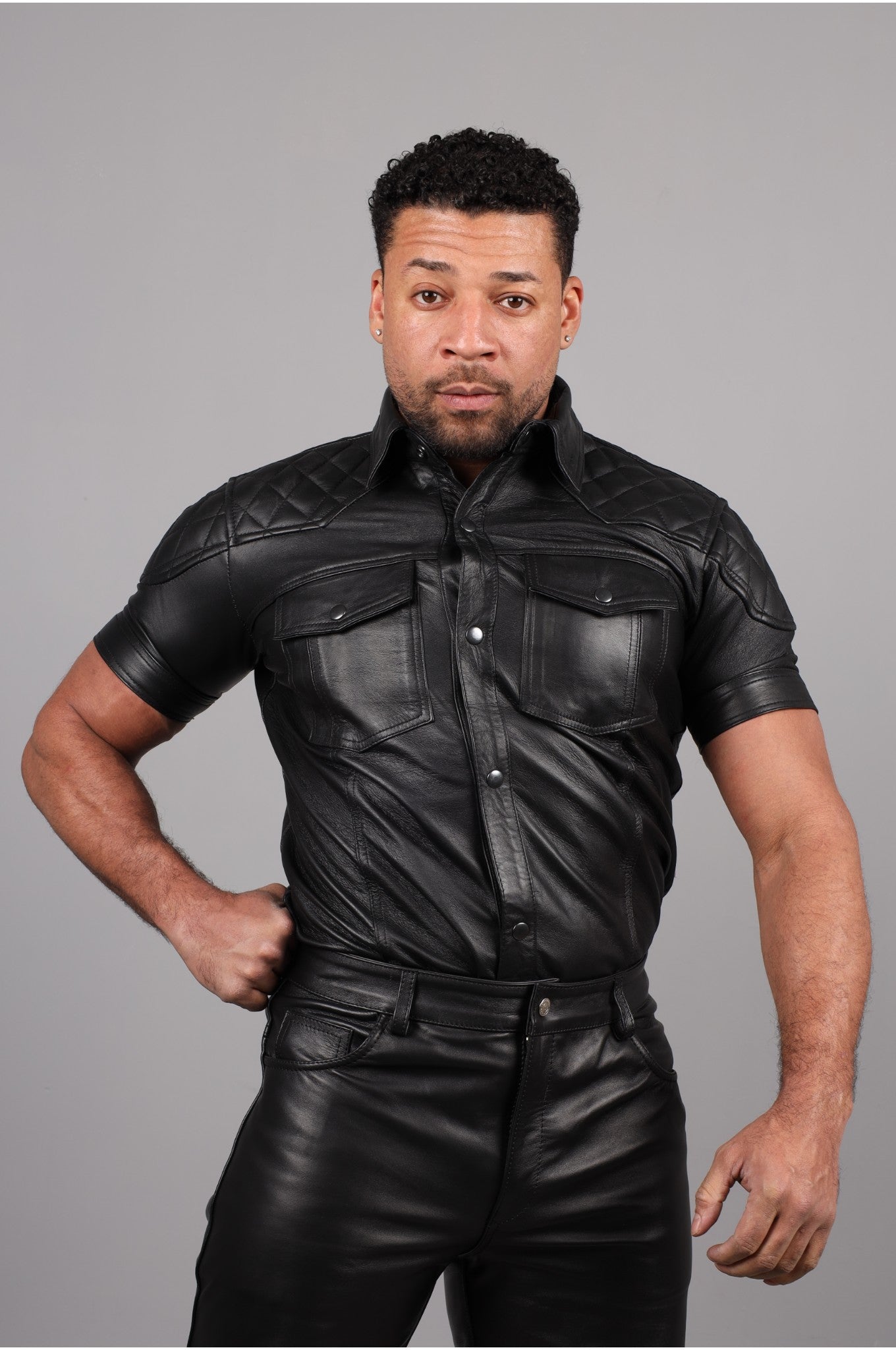 Black Leather Shirt with Black Padding by MR. Riegillio