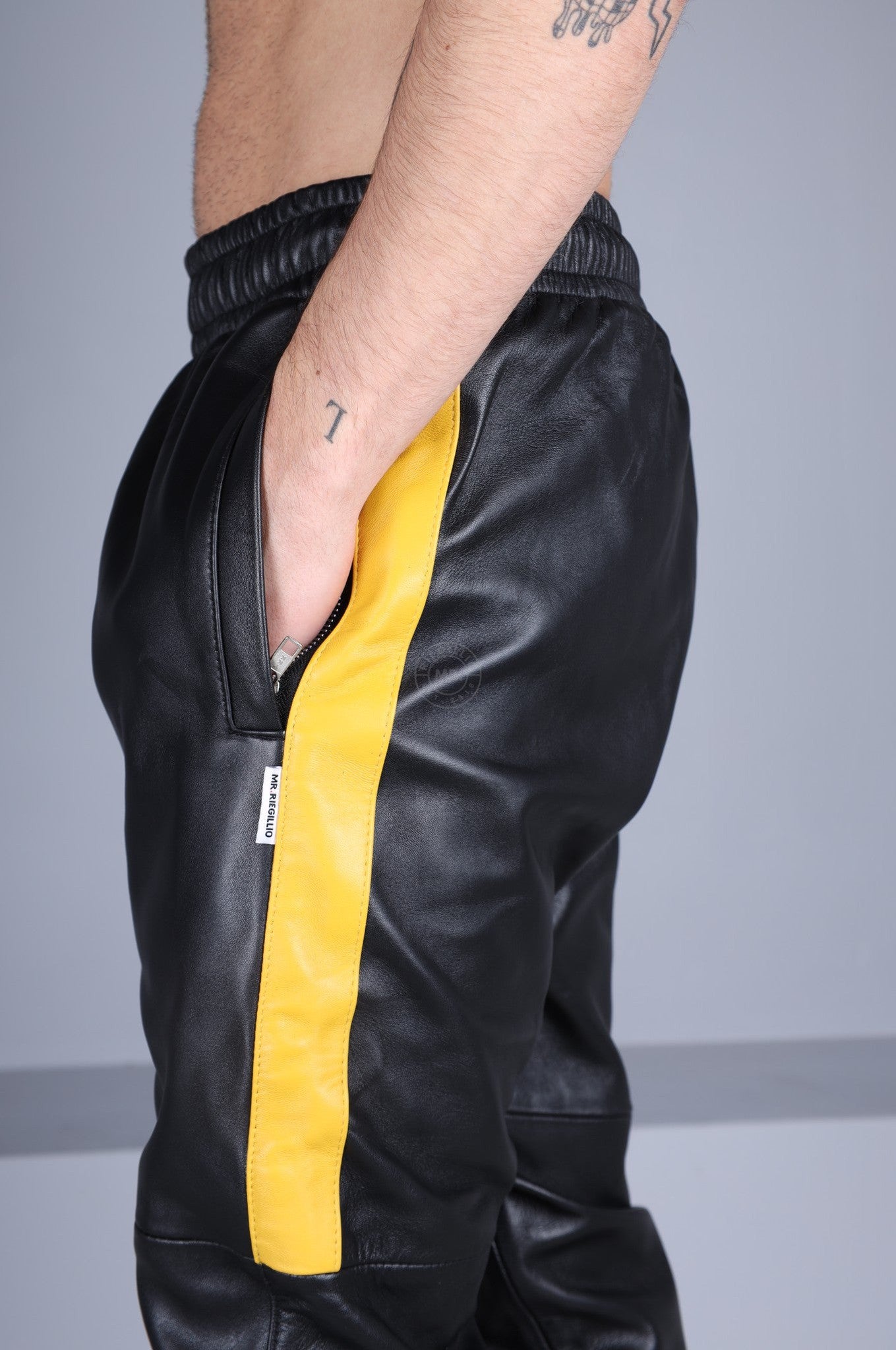 Black Leather Tracksuit Pants Yellow Stripe by MR. Riegillio