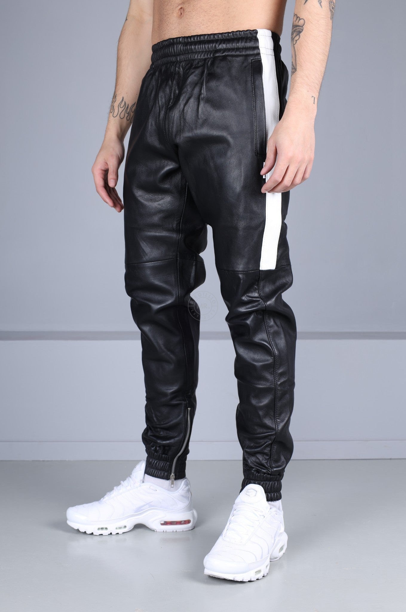 Black Leather Tracksuit Pants - White Stripe at MR. Riegillio
