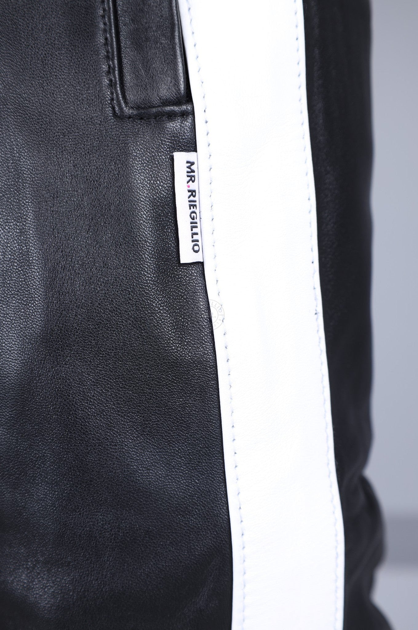 Black Leather Tracksuit Pants - White Stripe at MR. Riegillio