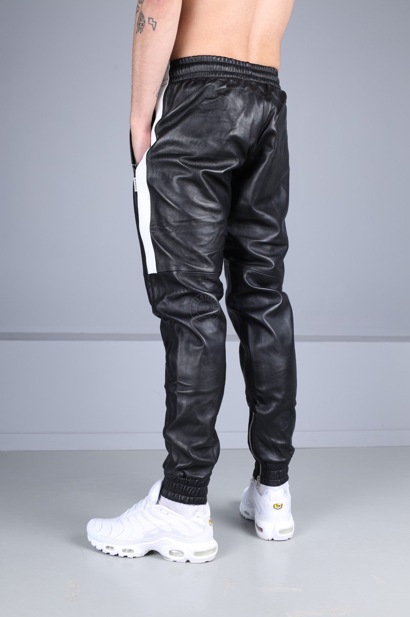 Black Leather Tracksuit Pants - White Stripe at MR. Riegillio