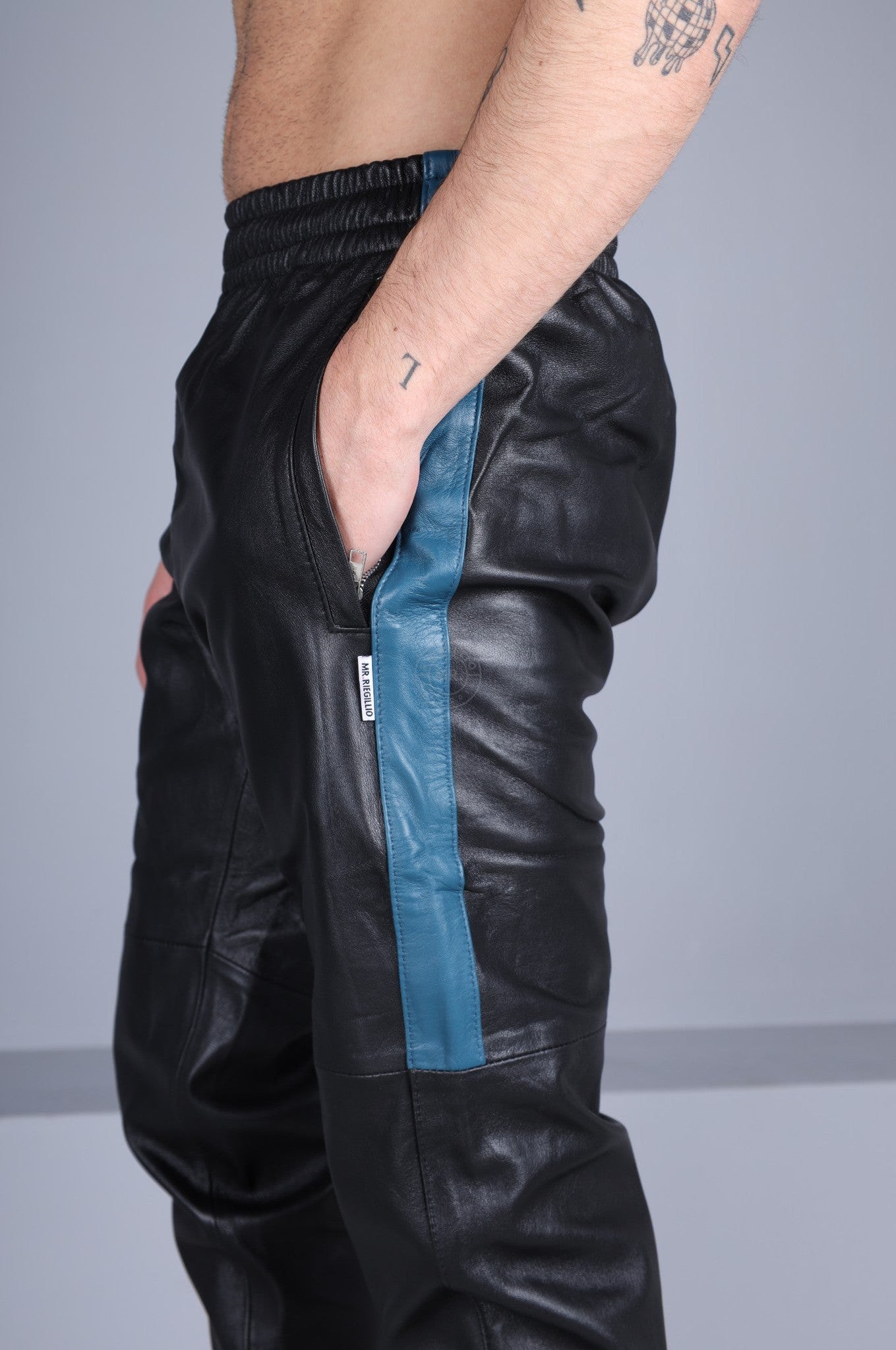 Black Leather Tracksuit Pants - Jeans Blue Stripe at MR. Riegillio