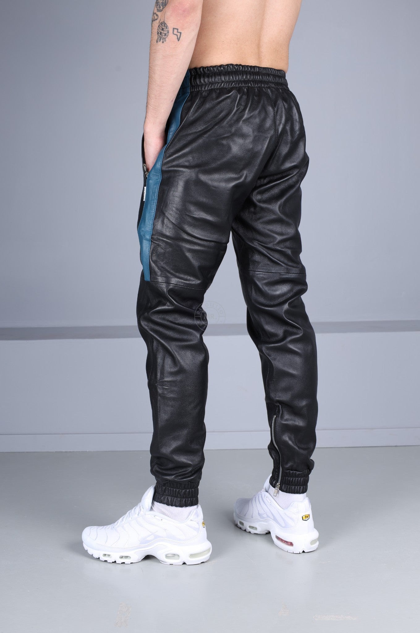 Black Leather Tracksuit Pants - Jeans Blue Stripe at MR. Riegillio