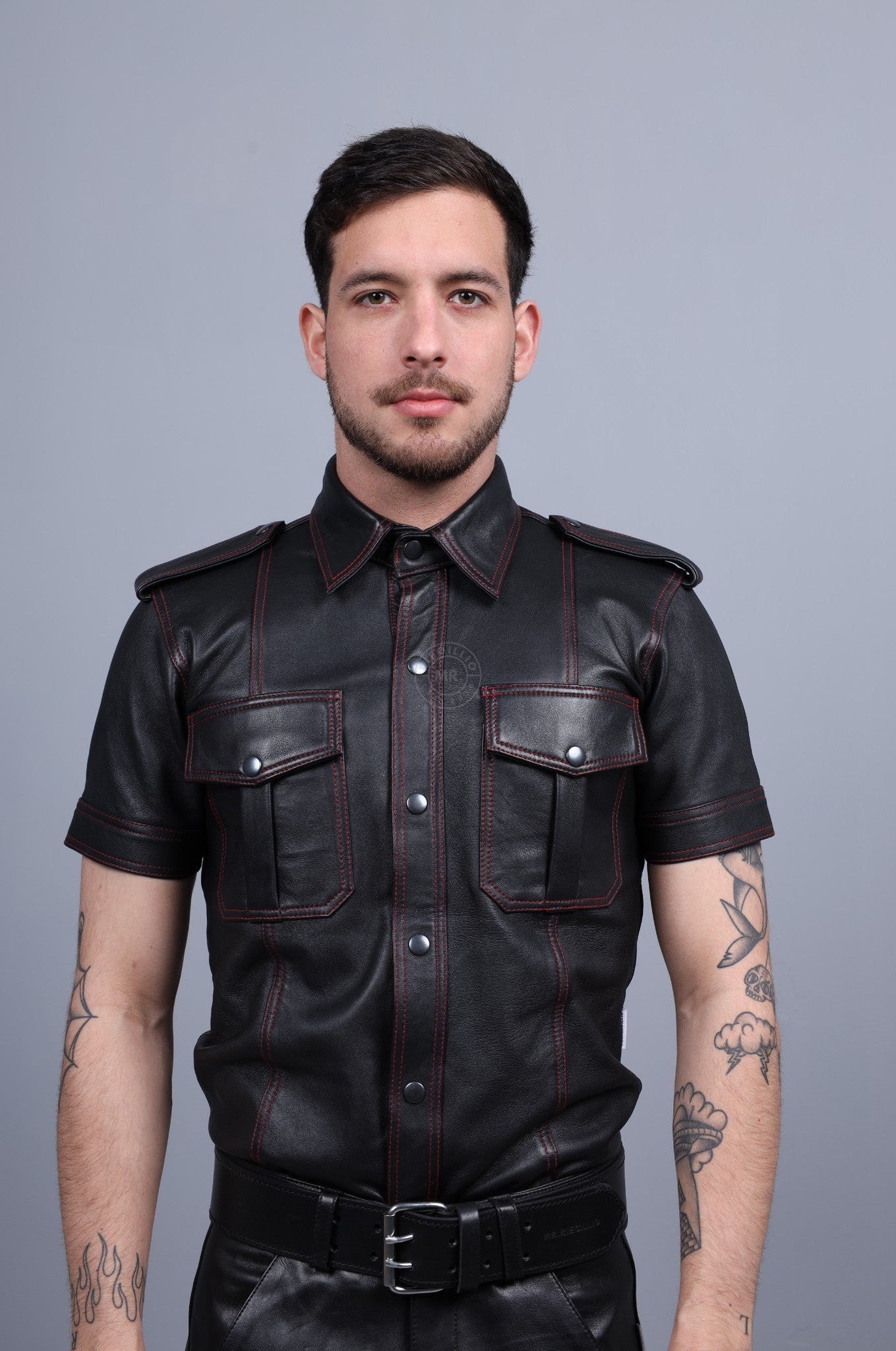 Black Leather Shirt - Red Stitching at MR. Riegillio