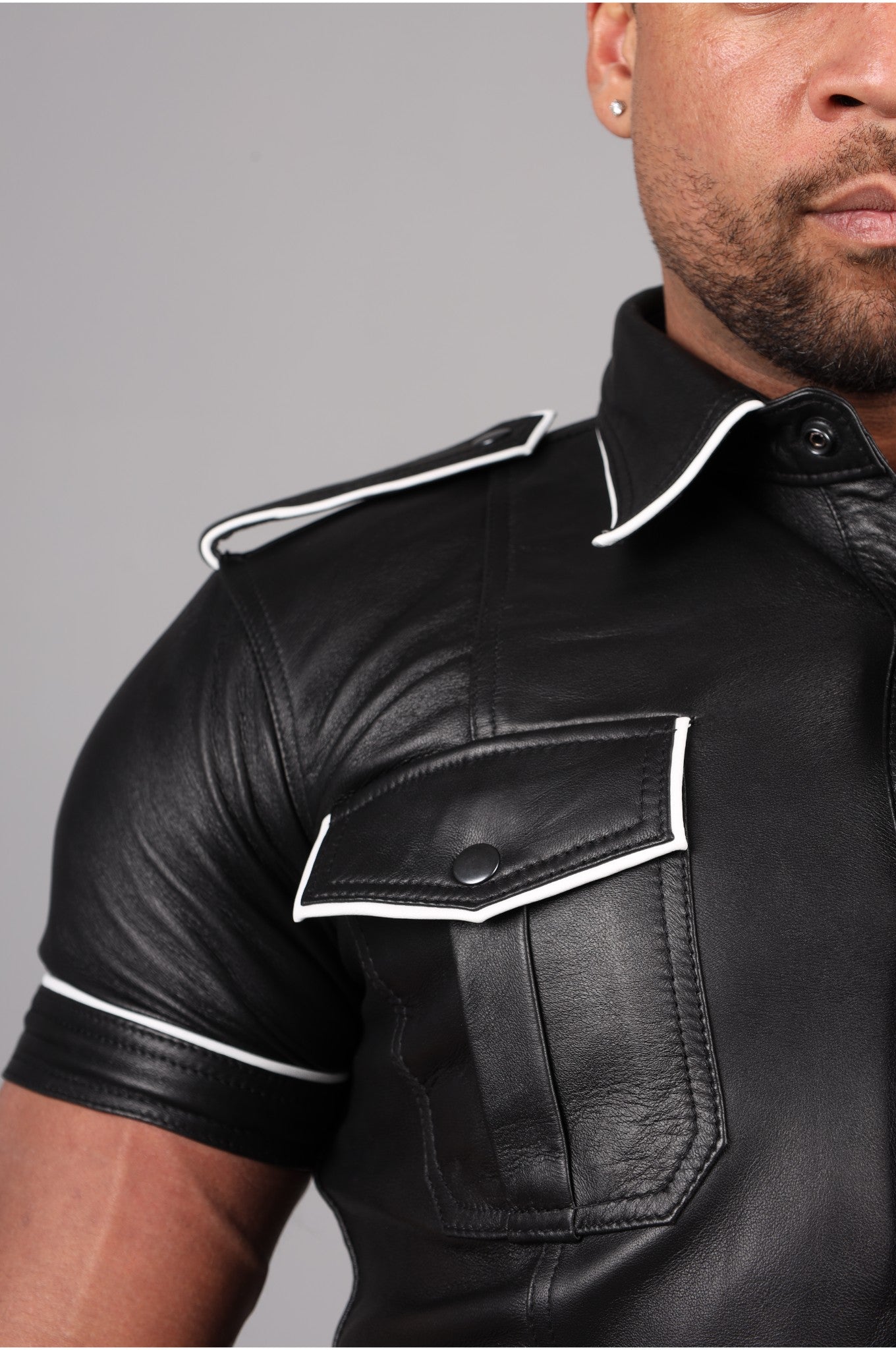 Black Leather Shirt - White Piping