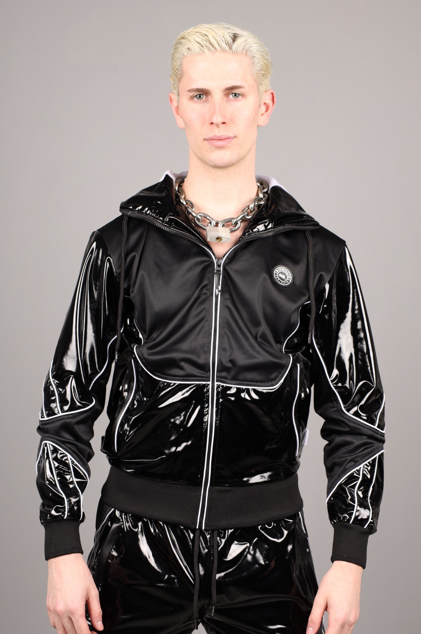 PVC 24 Tracksuit Hooded Jacket - Black with White Piping