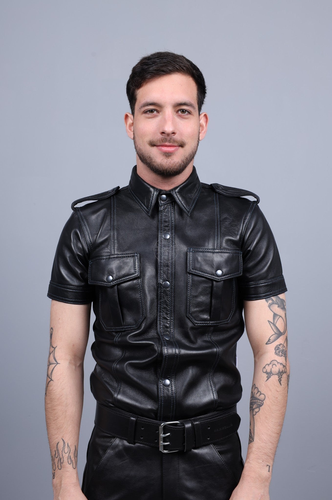 Black Leather Shirt - Jeans Blue Stitching at MR. Riegillio