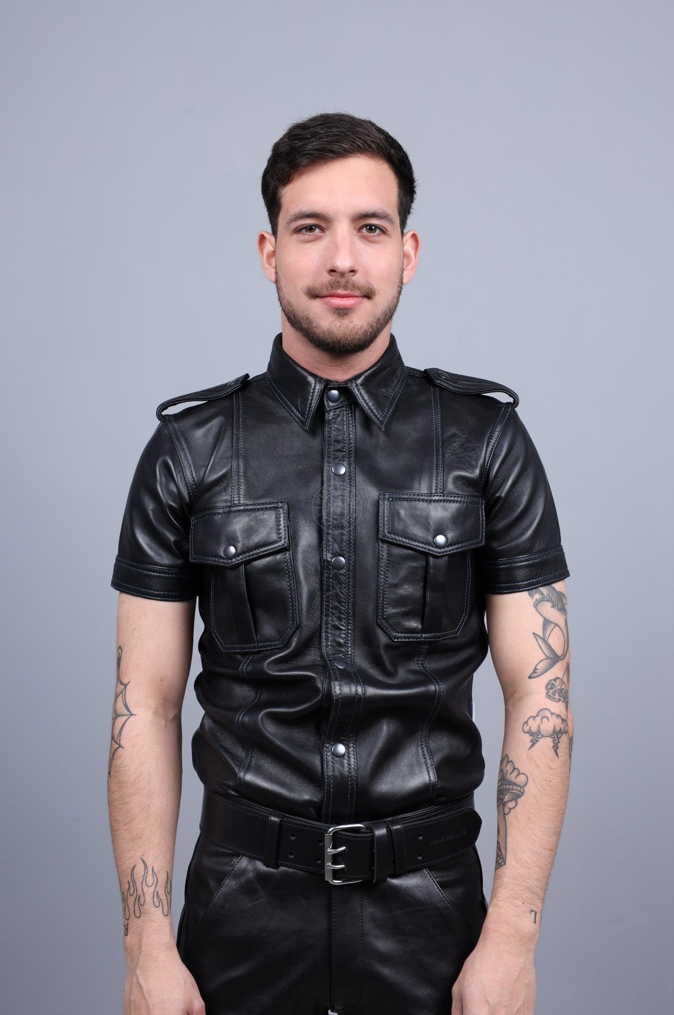 Black Leather Shirt - Jeans Blue Stitching at MR. Riegillio