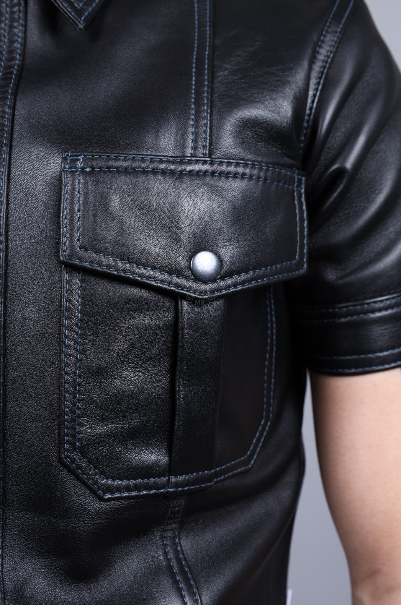 Black Leather Shirt - Jeans Blue Stitching at MR. Riegillio