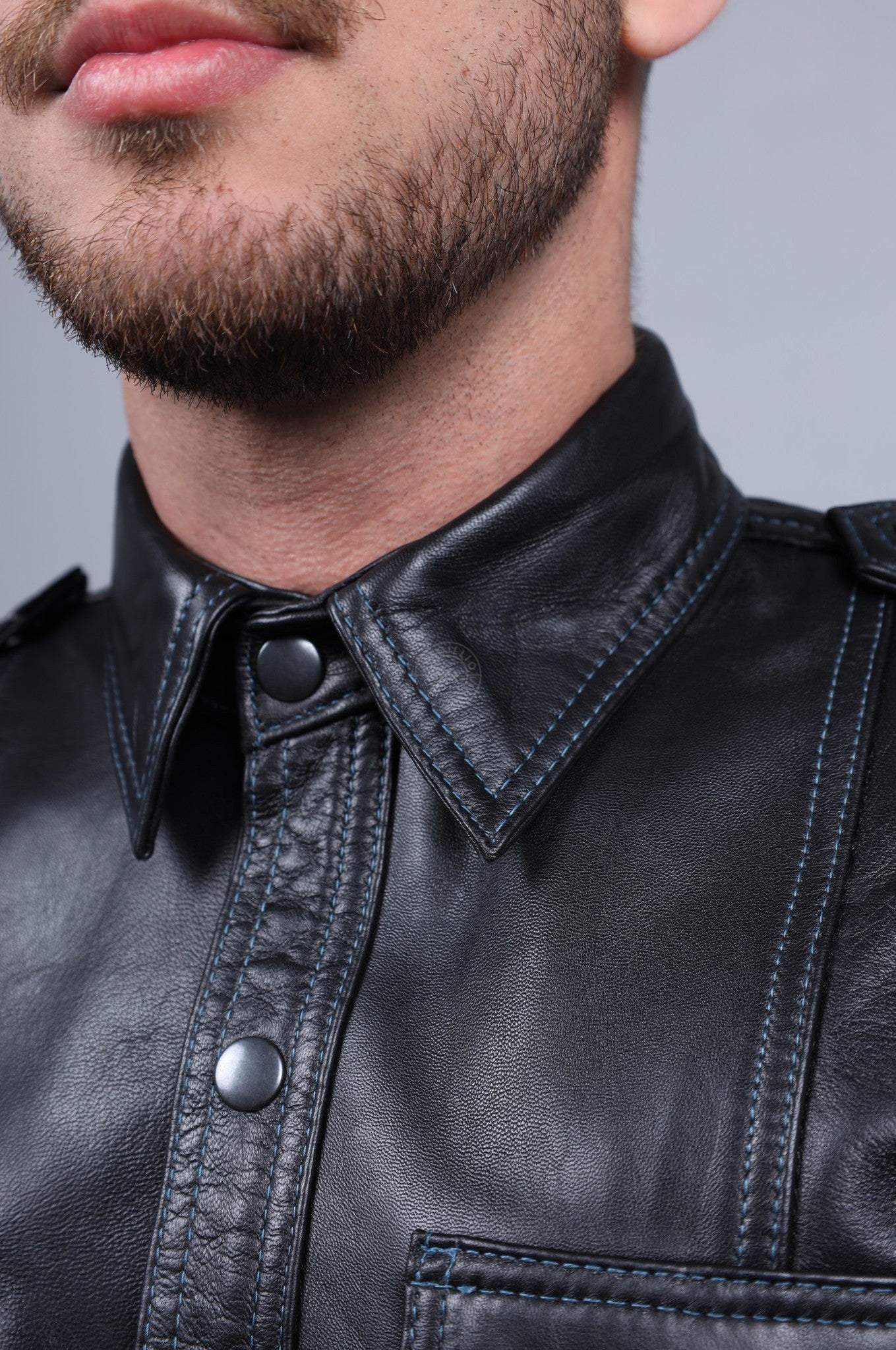 Black Leather Shirt - Jeans Blue Stitching at MR. Riegillio