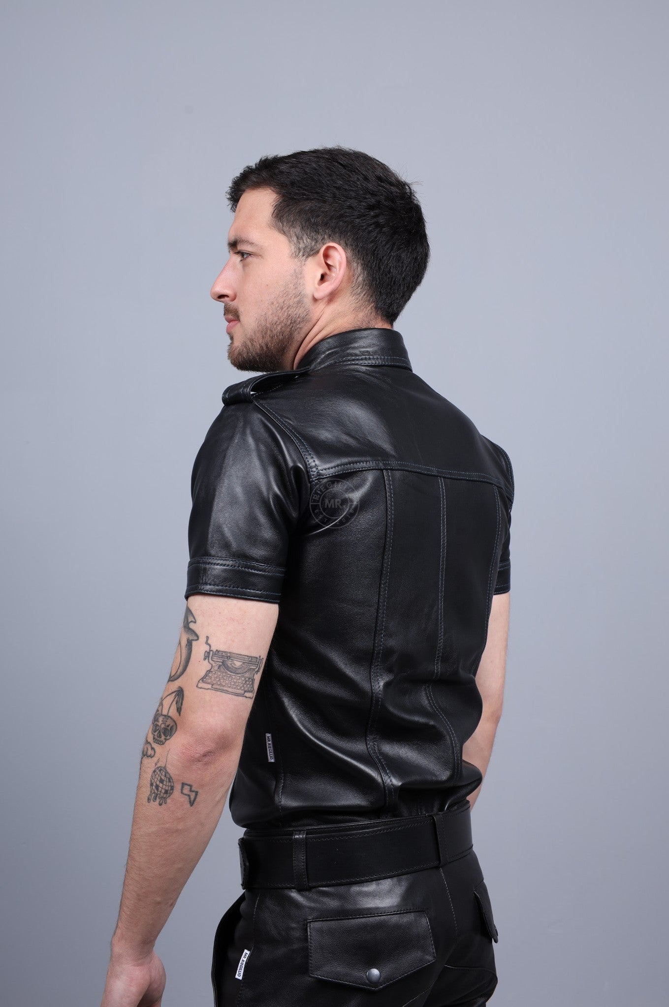 Black Leather Shirt - Jeans Blue Stitching at MR. Riegillio