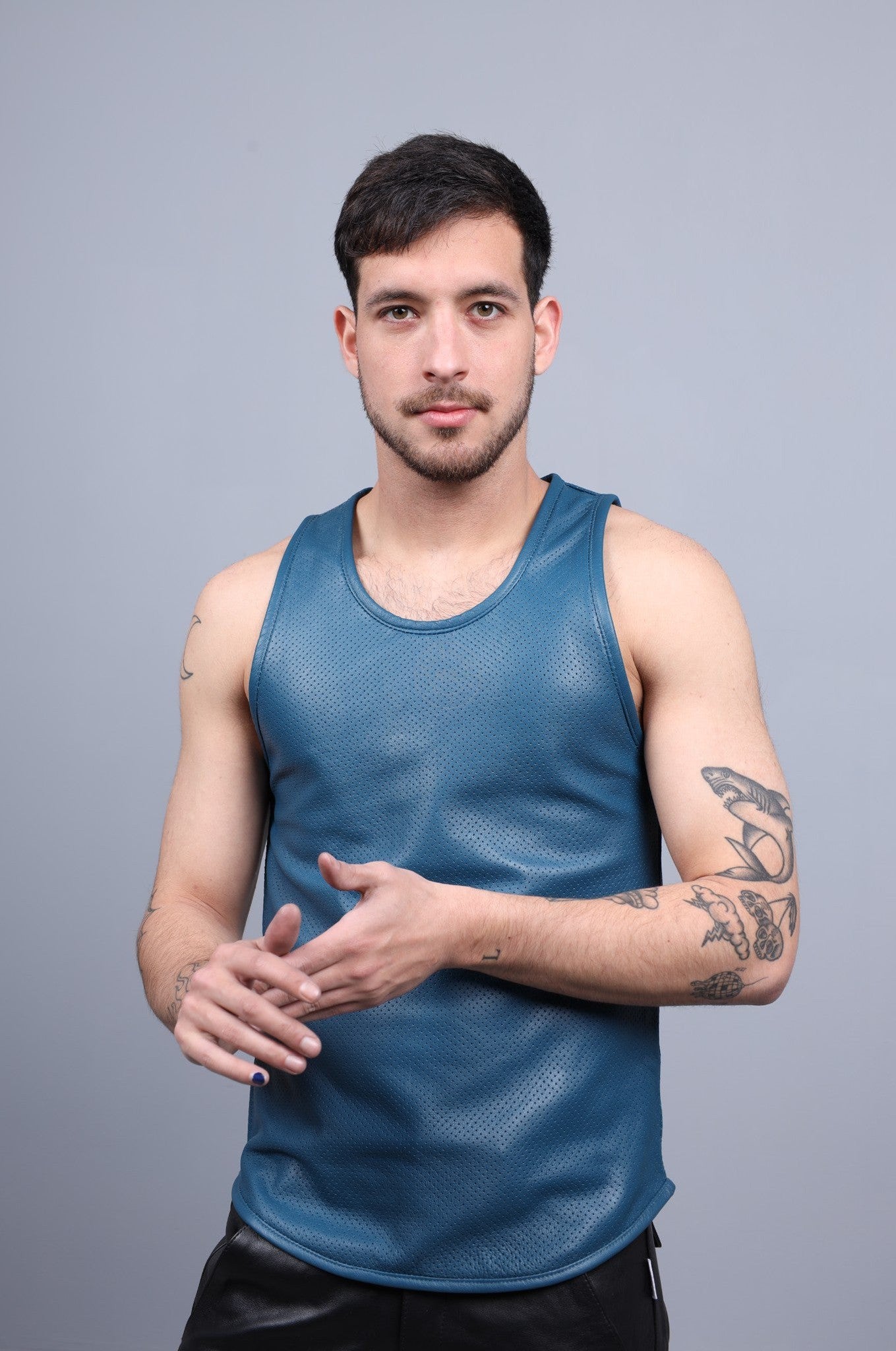 Jeans Blue Leather Perforated Tank Top at MR. Riegillio
