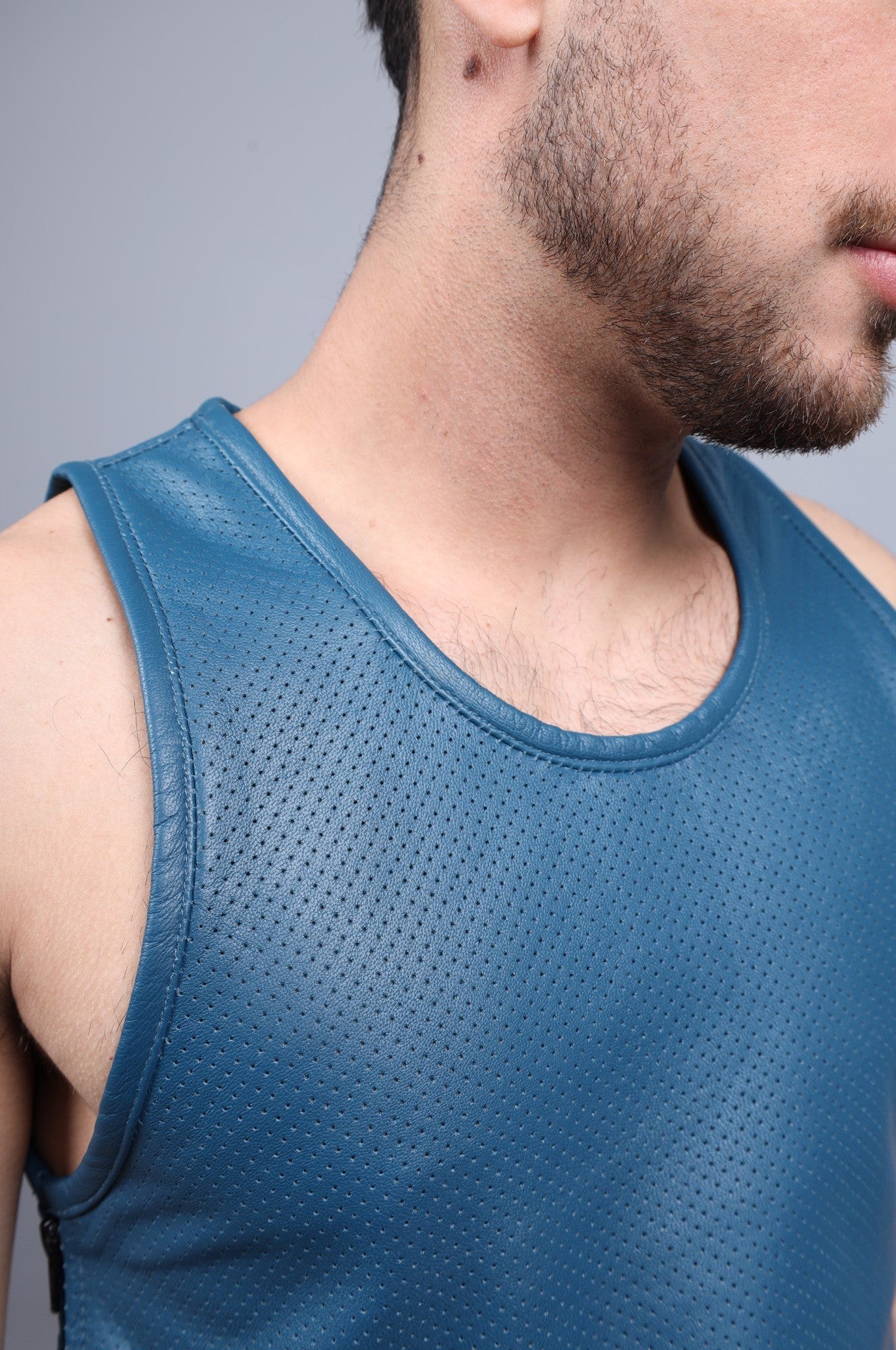 Jeans Blue Leather Perforated Tank Top at MR. Riegillio