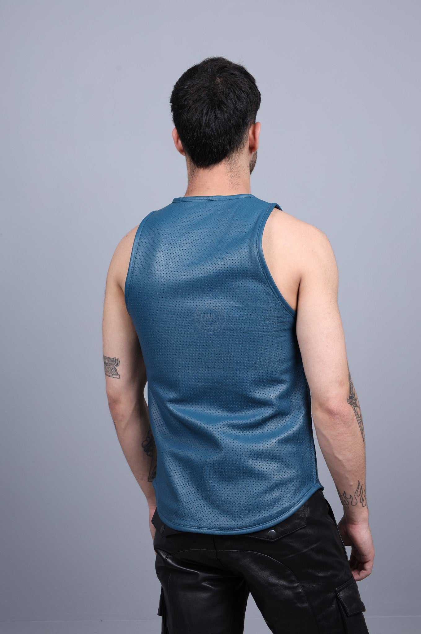 Jeans Blue Leather Perforated Tank Top at MR. Riegillio