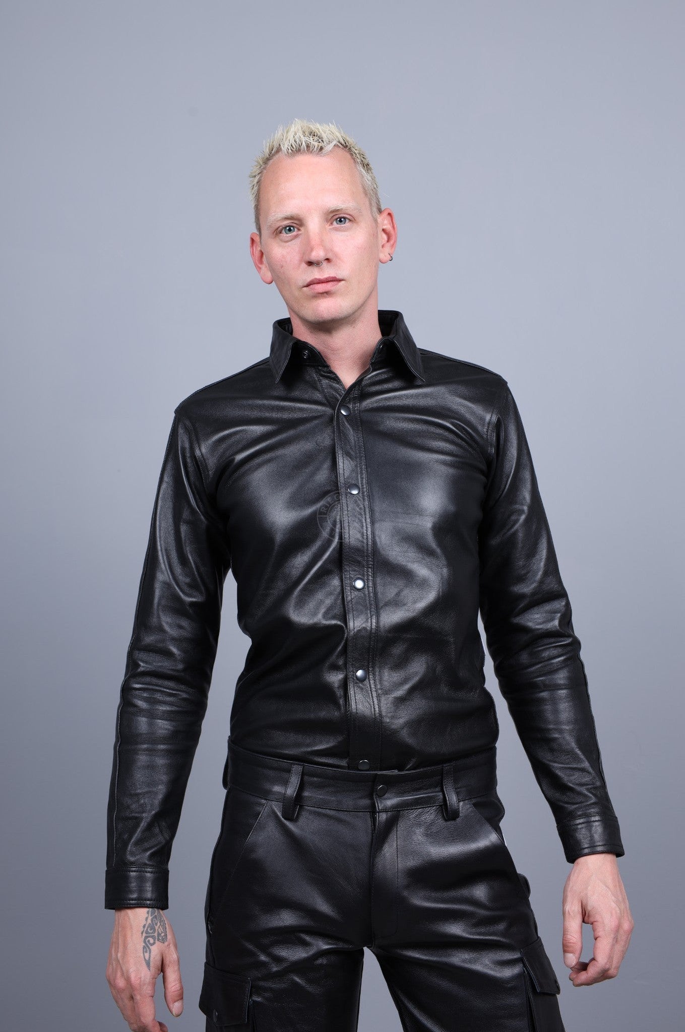 Black Plain Leather Shirt Long Sleeves at MR. Riegillio