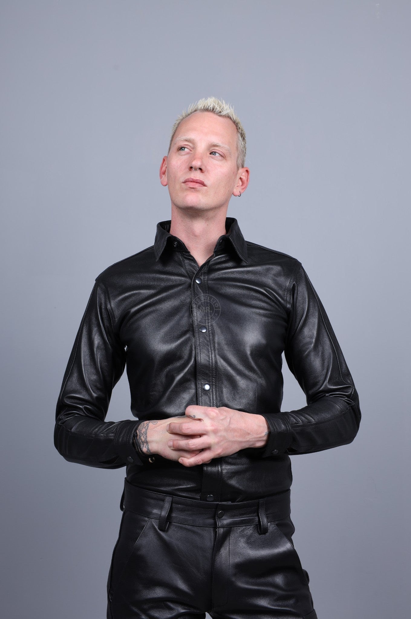 Black Plain Leather Shirt Long Sleeves at MR. Riegillio