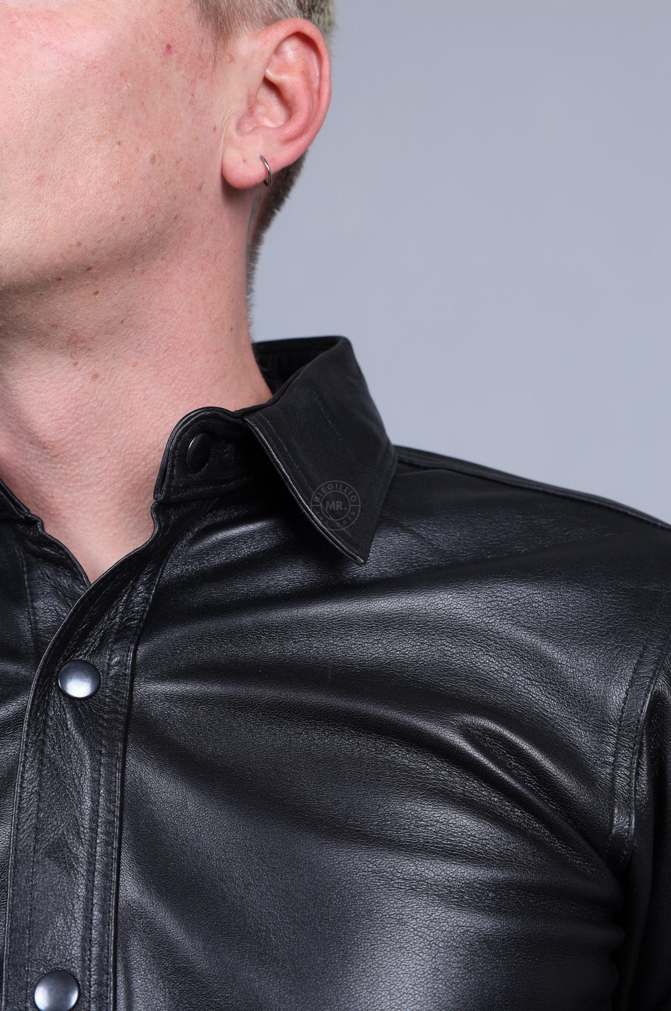 Black Plain Leather Shirt Long Sleeves at MR. Riegillio