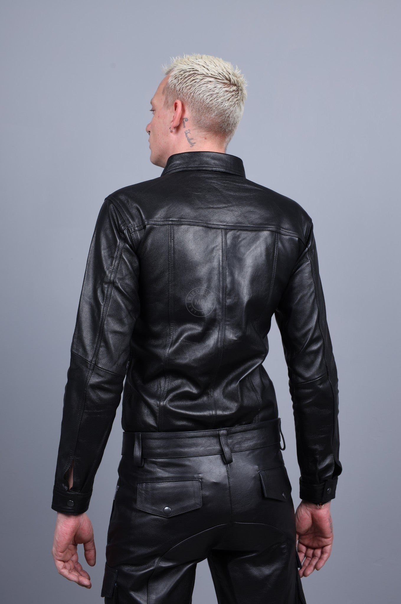 Black Plain Leather Shirt Long Sleeves at MR. Riegillio