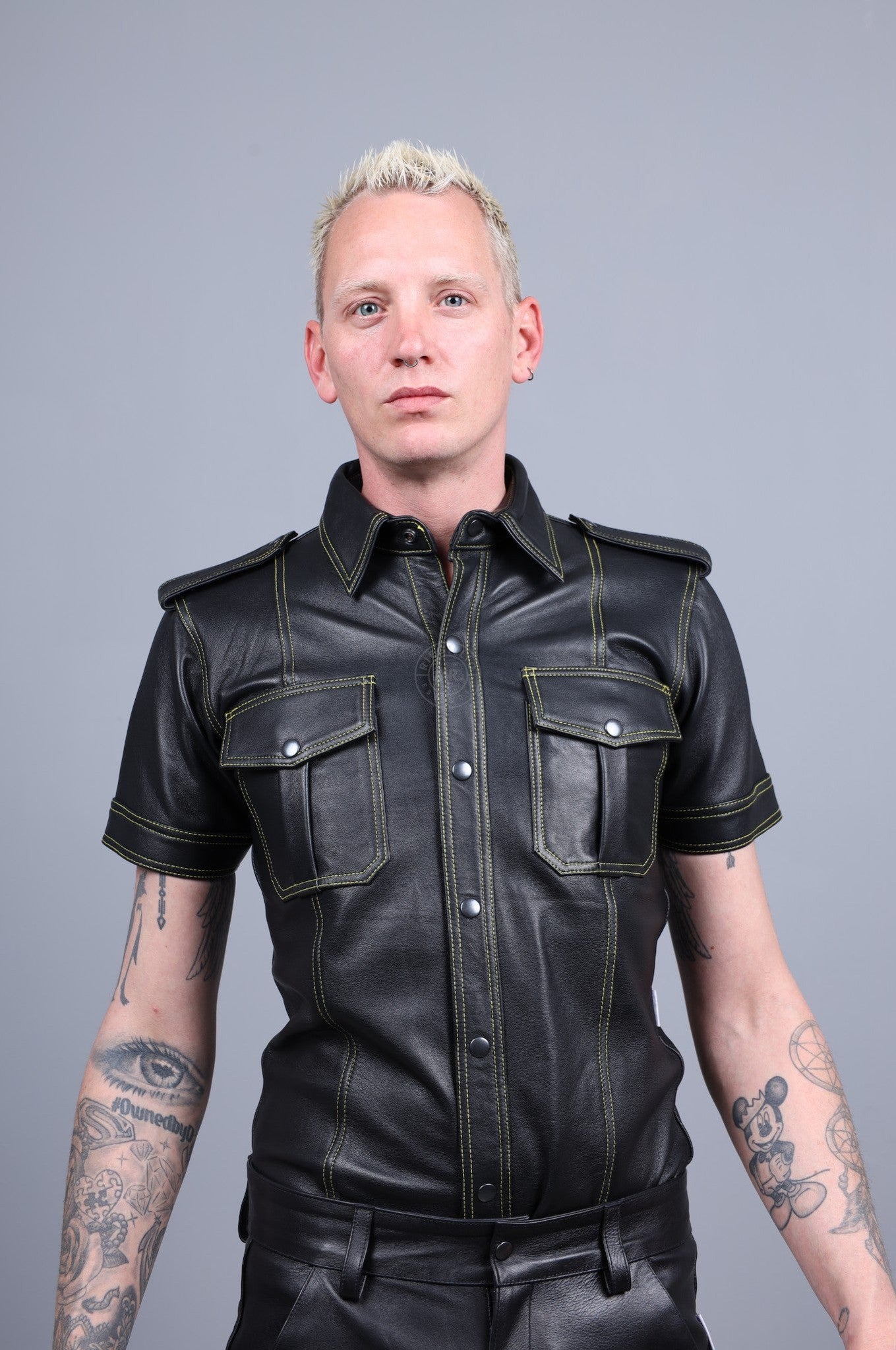 Black Leather Shirt - Yellow Stitching at MR. Riegillio