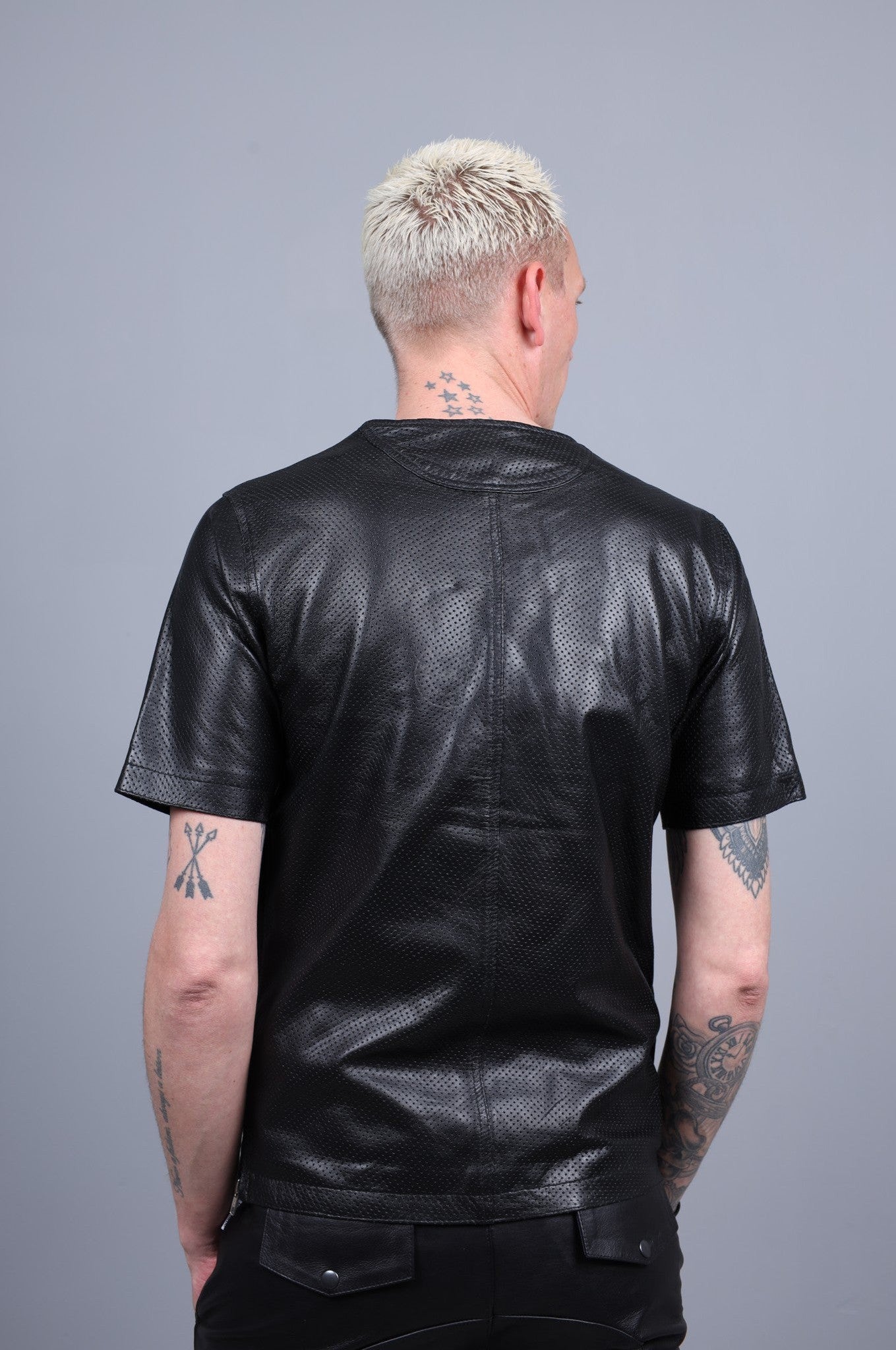 Black Leather Perforated T-Shirt at MR. Riegillio