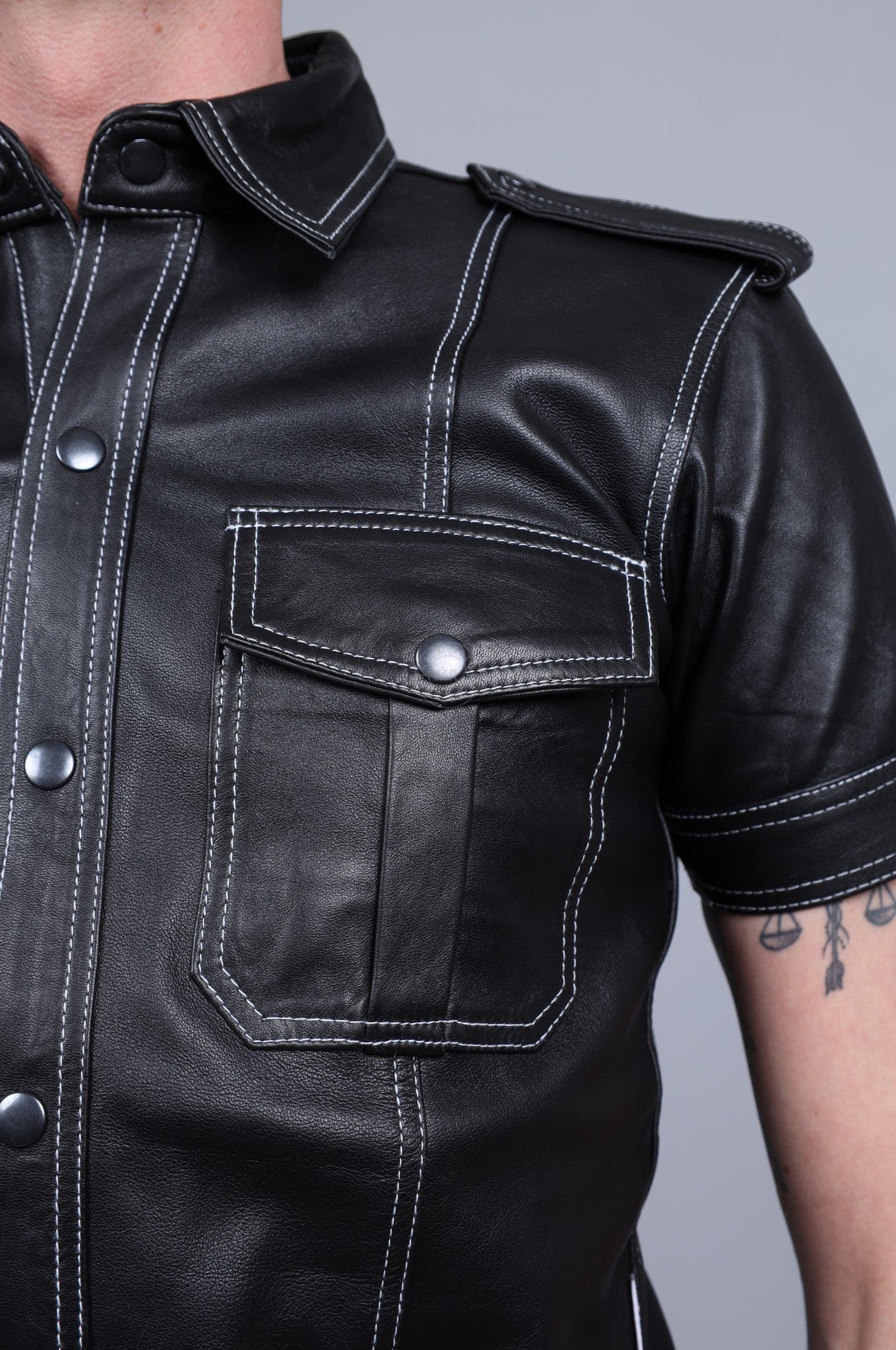 Black Leather Shirt - White Stitching at MR. Riegillio
