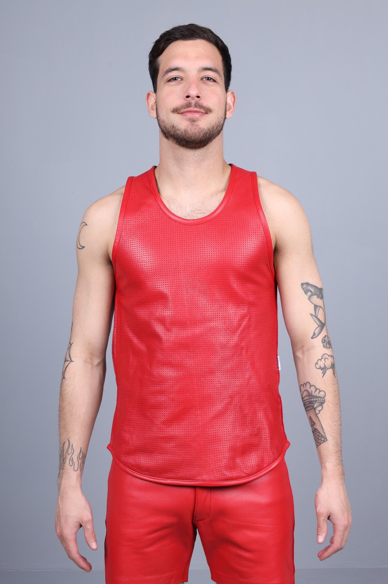 Red Leather Perforated Tank Top at MR. Riegillio