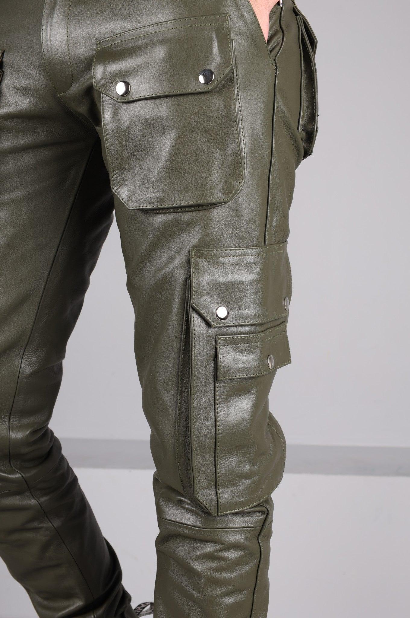 Army Green Leather Pants - Snap Pockets at MR. Riegillio