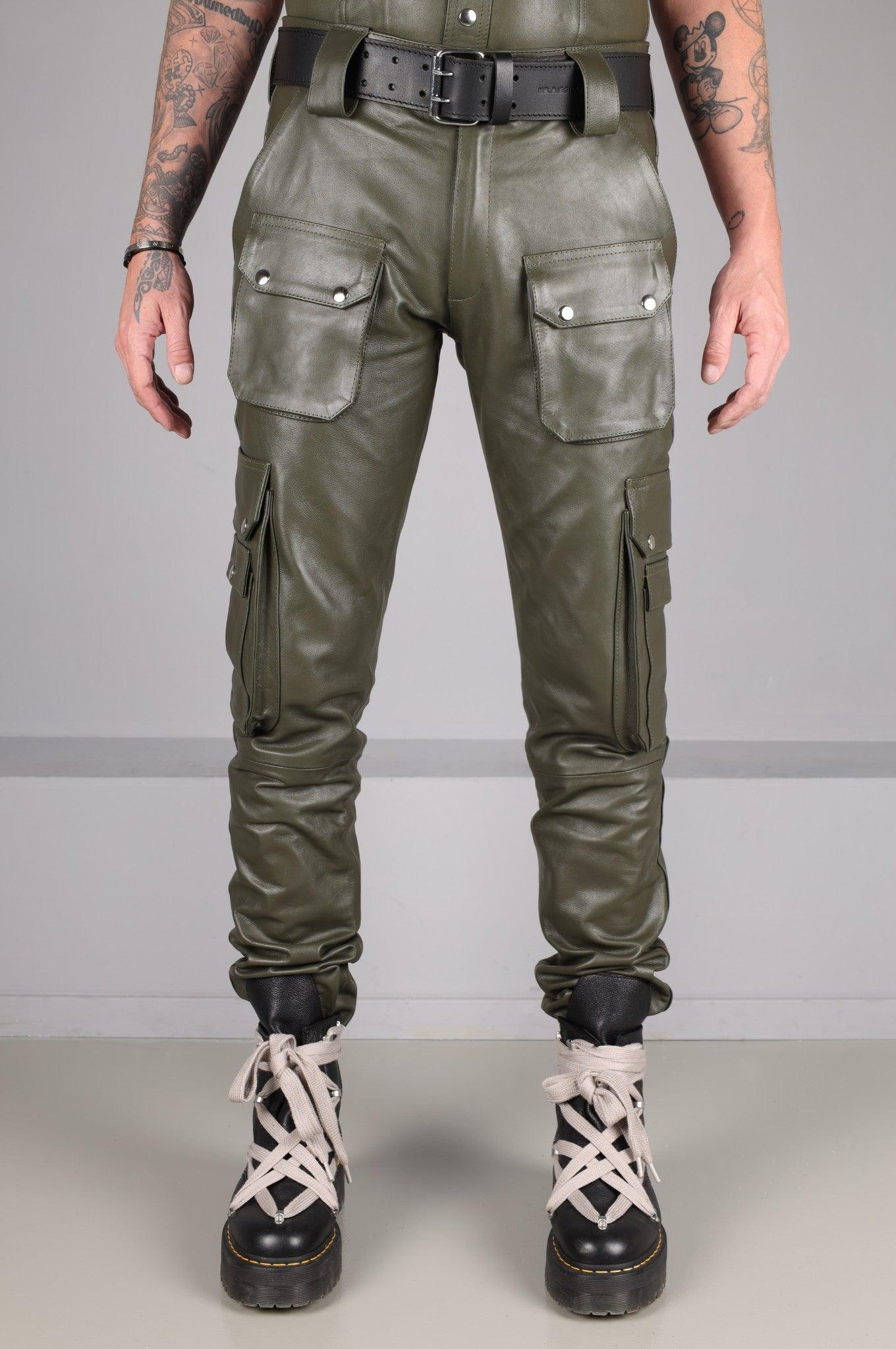 Army Green Leather Pants - Snap Pockets at MR. Riegillio