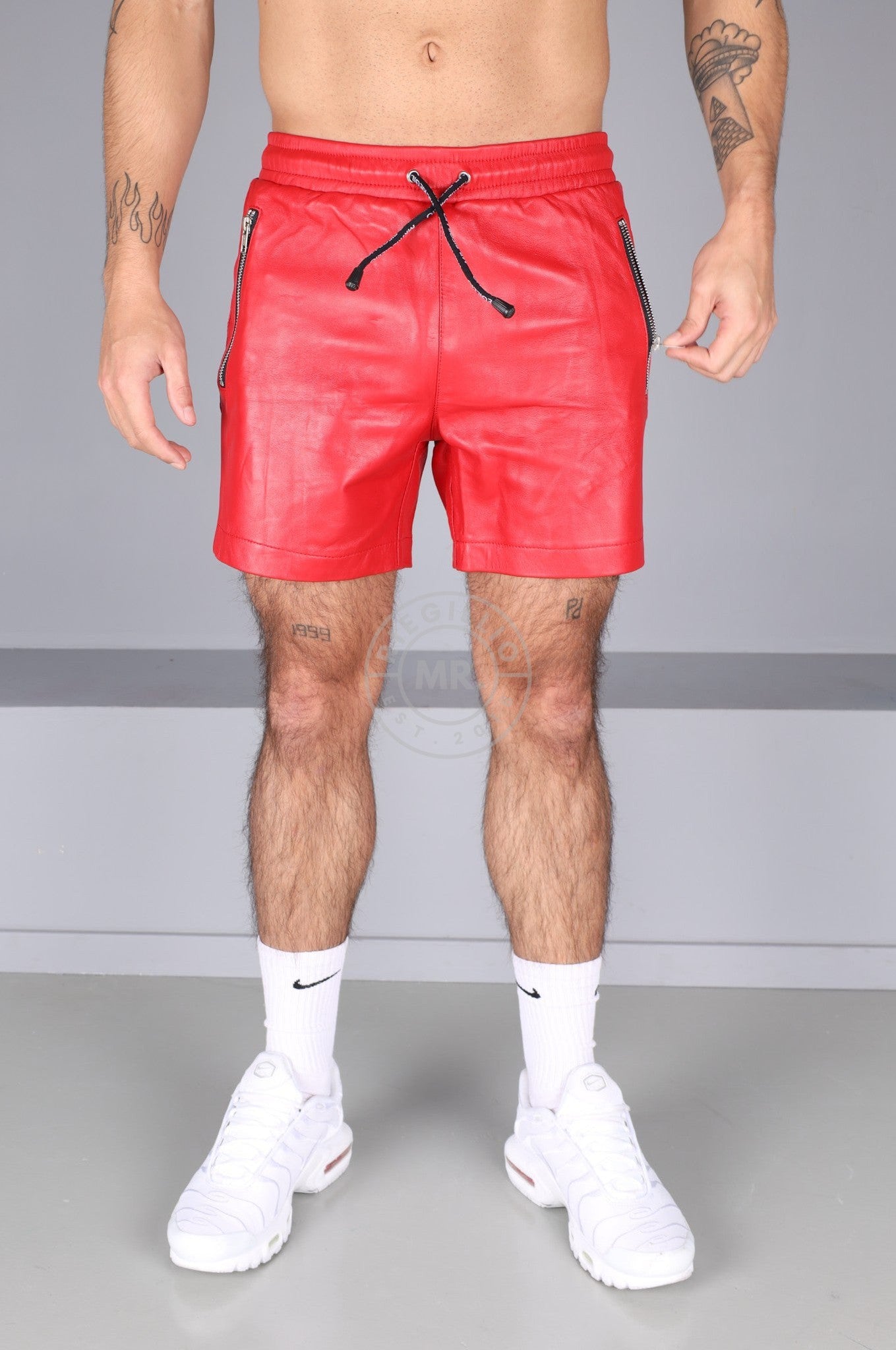 Red Leather Track Short at MR. Riegillio